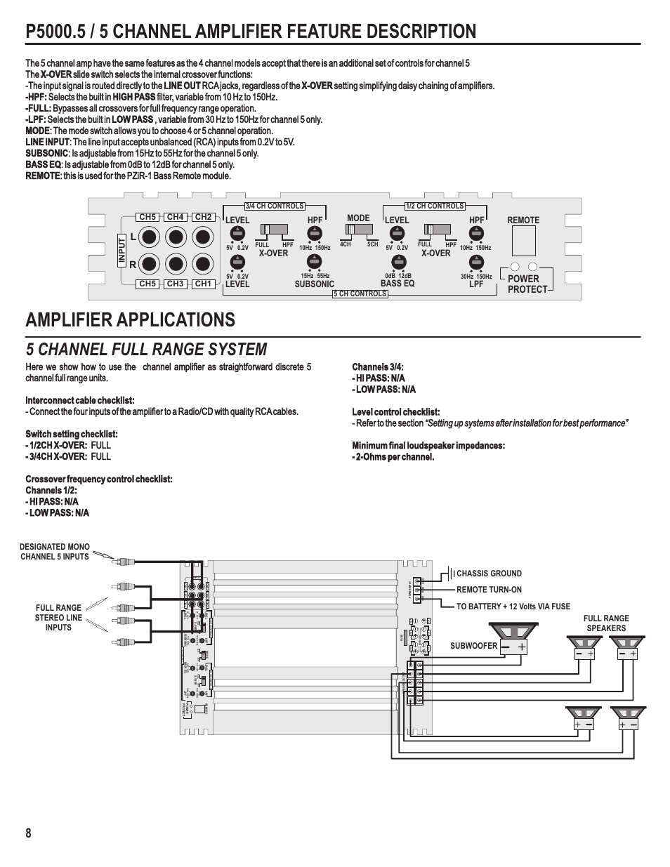 Amplifier applications, 5 channel full range system, X-over | Lpf level, Level, Subsonic, Bass eq, Hpf remote mode | Maxxsonics Crunch P1400.2 User Manual | Page 10 / 15