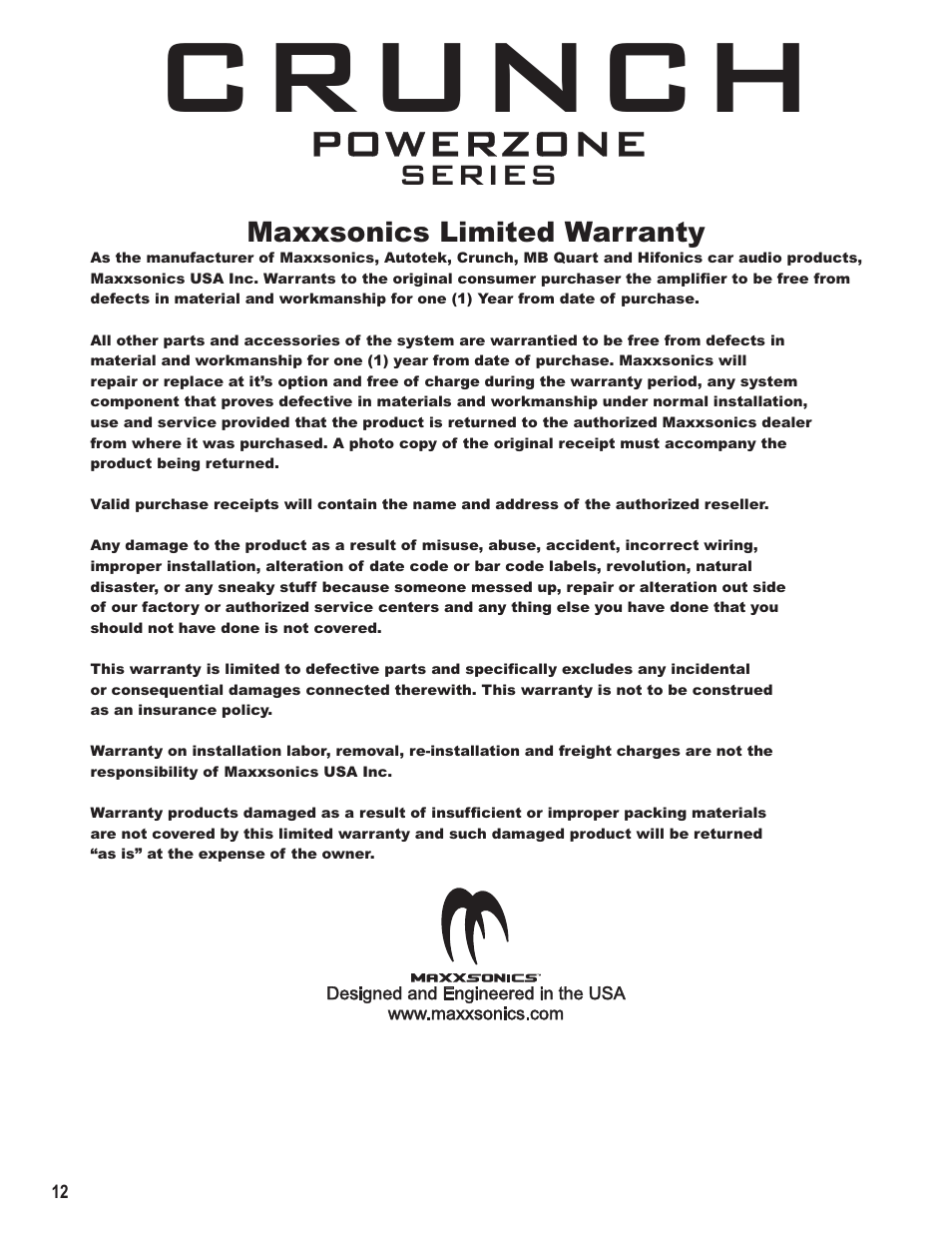 Crunch, Powerzone, Series | Maxxsonics limited warranty | Maxxsonics Crunch P1400.2 User Manual | Page 14 / 15