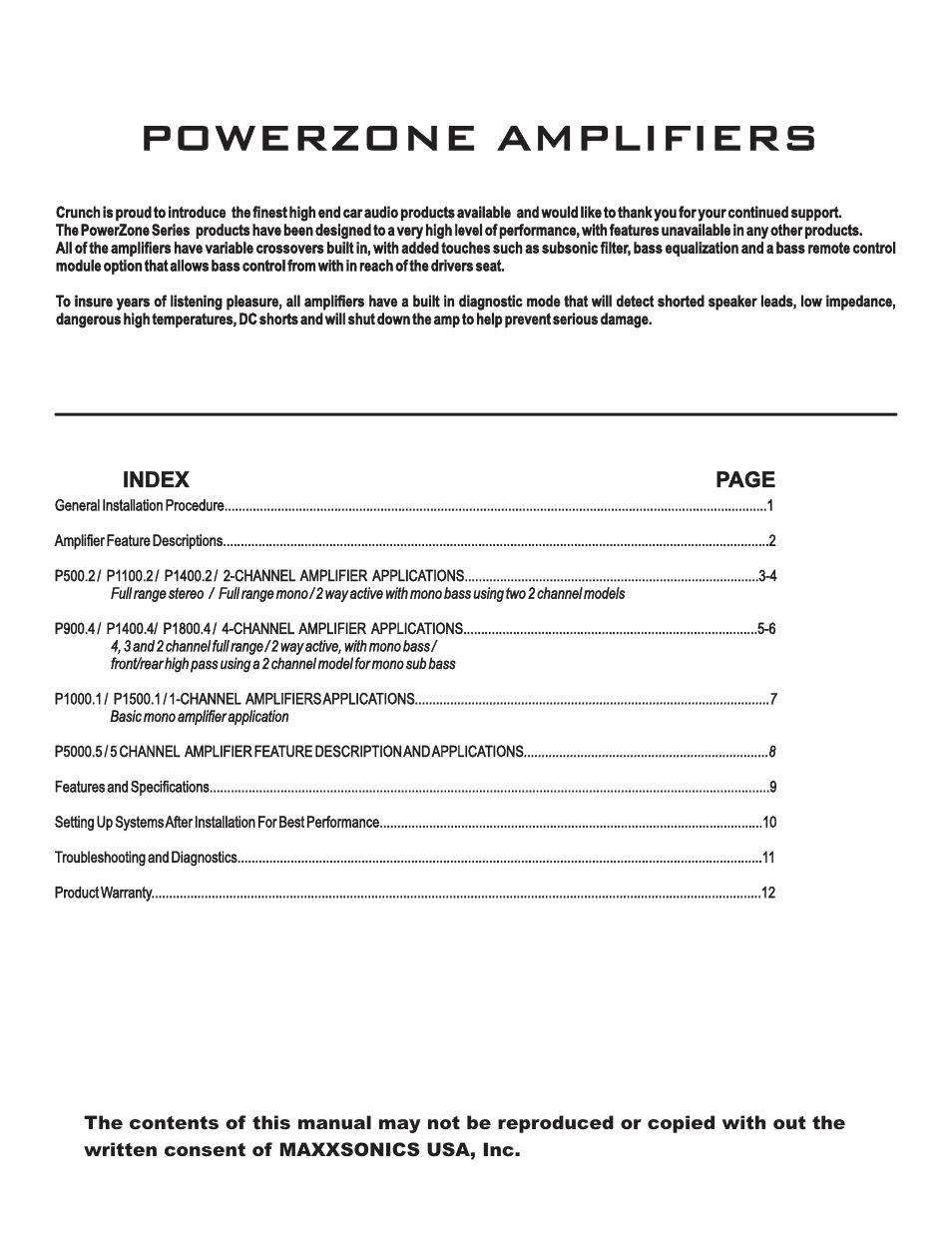 Powerzone amplifiers, Index page | Maxxsonics Crunch P1400.2 User Manual | Page 2 / 15