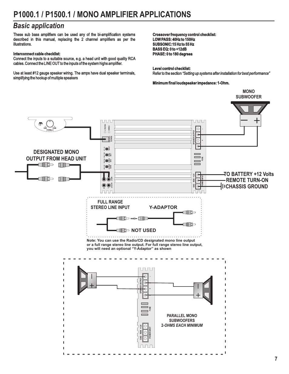 Basic application, Full range stereo line input not used y-adaptor, Mono subwoofer | Parallel mono subwoofers 2- ohms each minimum | Maxxsonics Crunch P1400.2 User Manual | Page 9 / 15