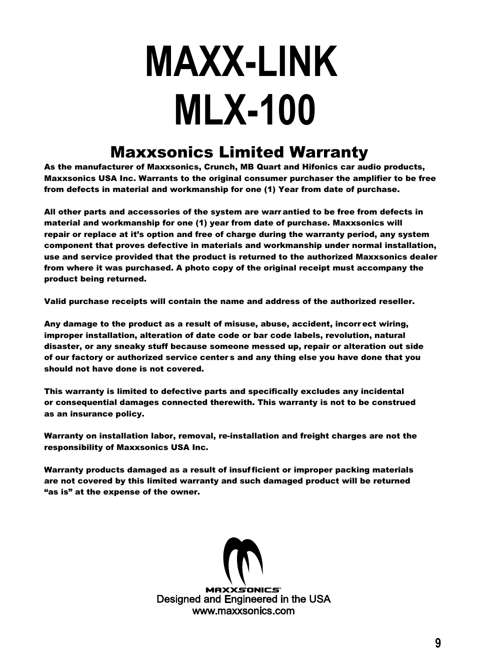 Maxx-link mlx-100, Maxxsonics limited warranty | Maxxsonics MLX-100 User Manual | Page 11 / 12