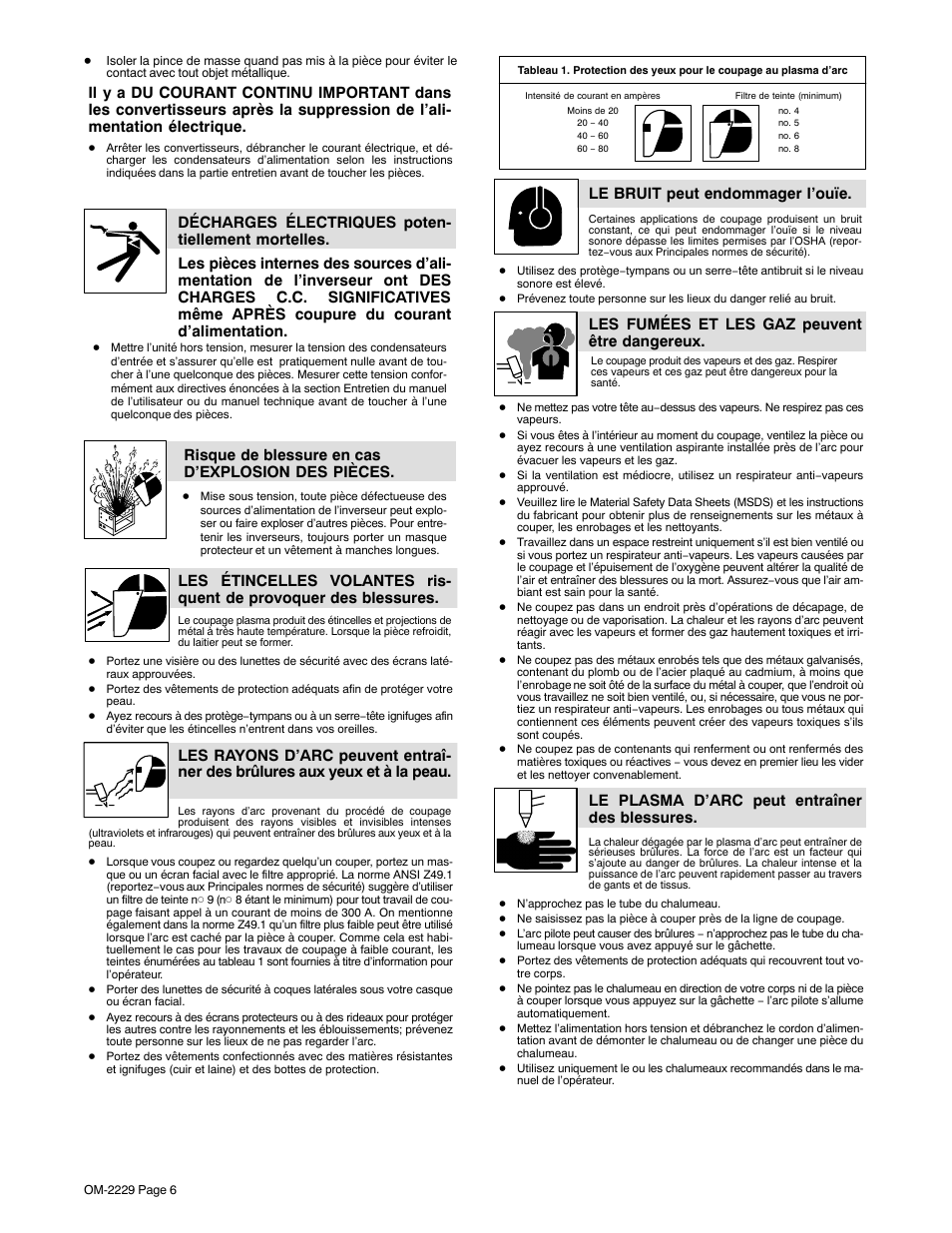 Risque de blessure en cas d’explosion des pièces, Le bruit peut endommager l’ouïe, Les fumées et les gaz peuvent être dangereux | Le plasma d’arc peut entraîner des blessures | Miller Electric 375 User Manual | Page 10 / 36