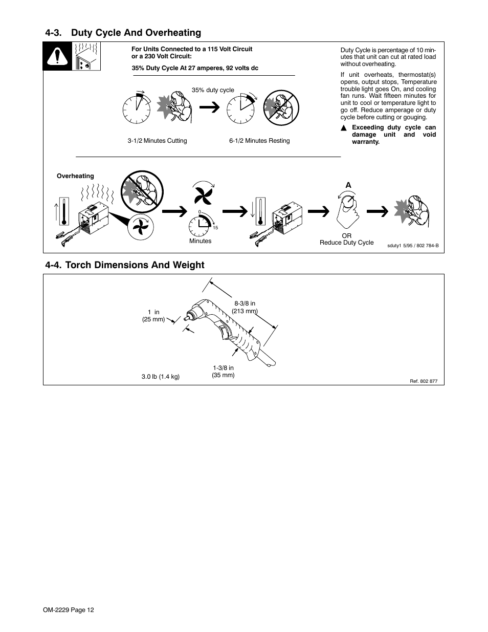 3. duty cycle and overheating, 4. torch dimensions and weight | Miller Electric 375 User Manual | Page 16 / 36