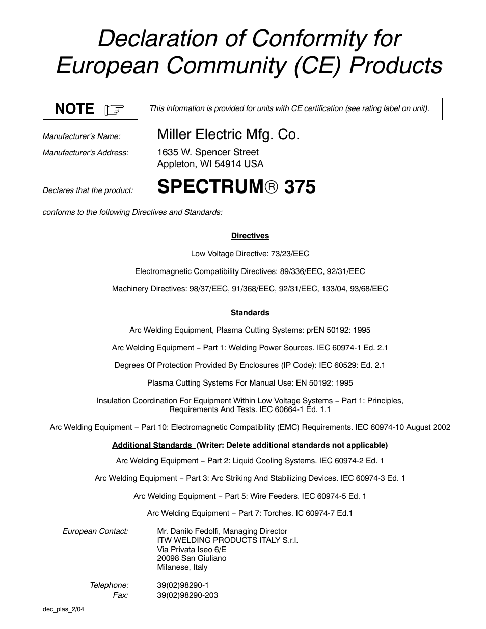 Spectrum  375, Miller electric mfg. co | Miller Electric 375 User Manual | Page 4 / 36