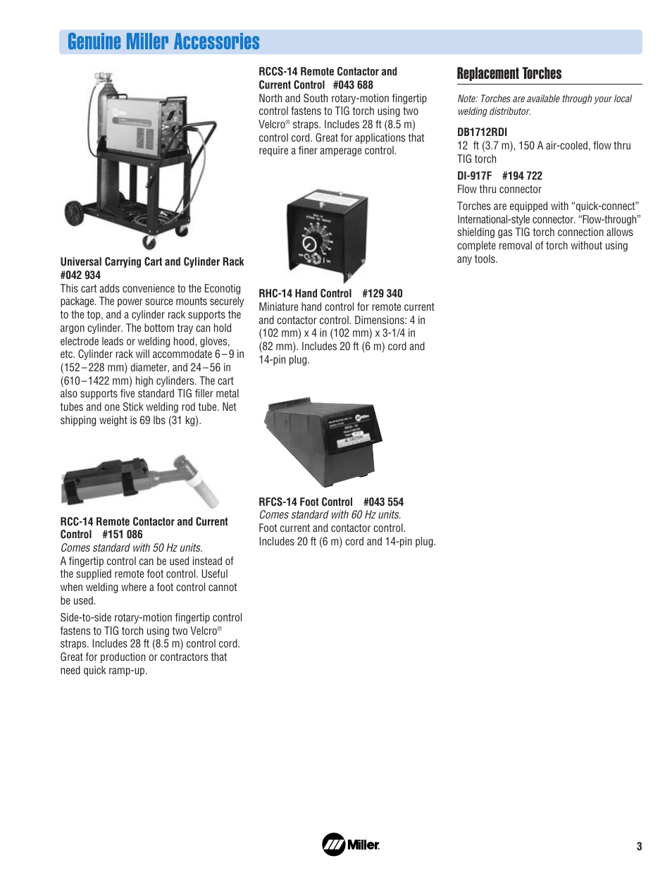 Genuine miller accessories, Replacement torches | Miller Electric Arc Welding Power Source User Manual | Page 3 / 4