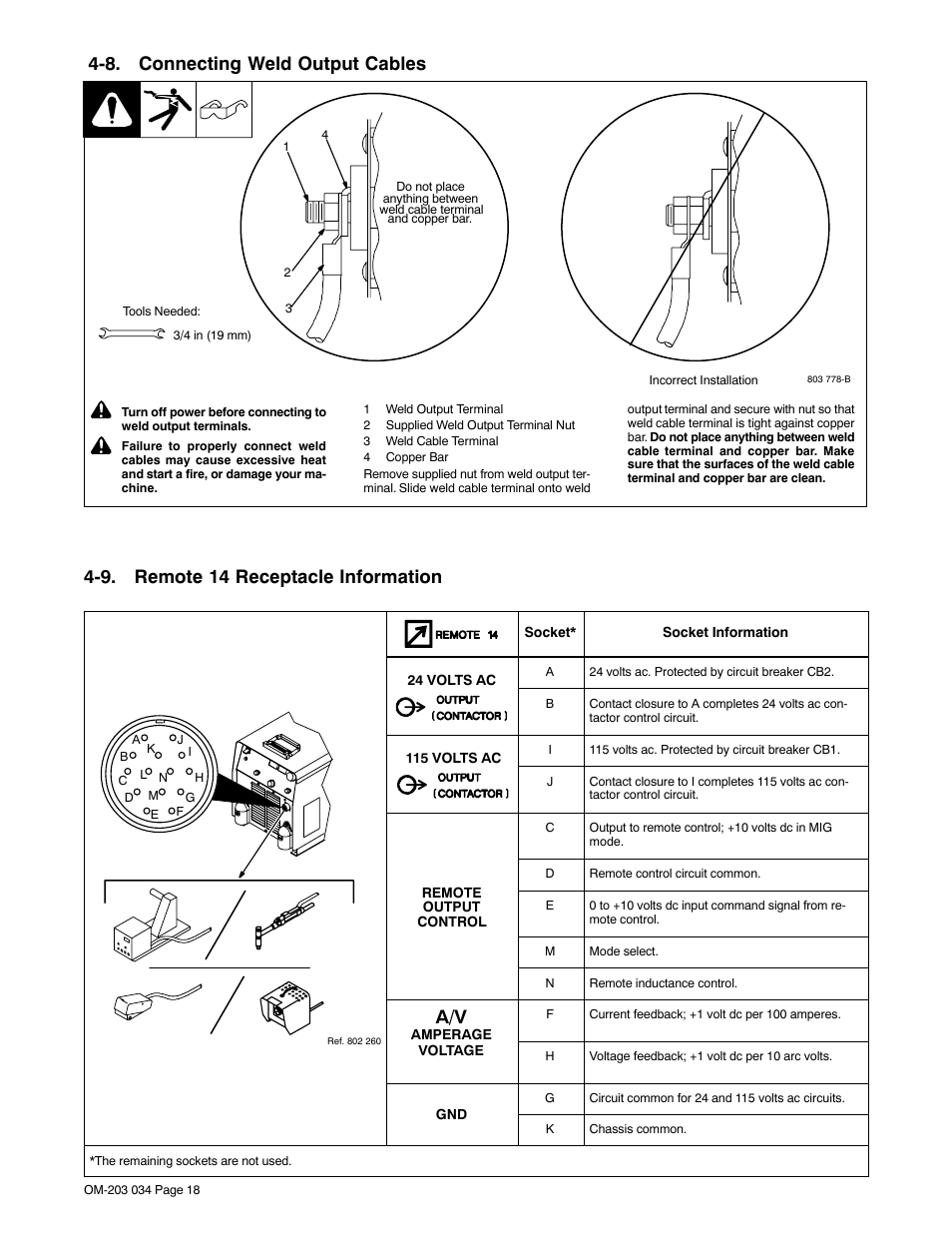 8. connecting weld output cables, 9. remote 14 receptacle information | Miller Electric INVISION 456P User Manual | Page 22 / 44