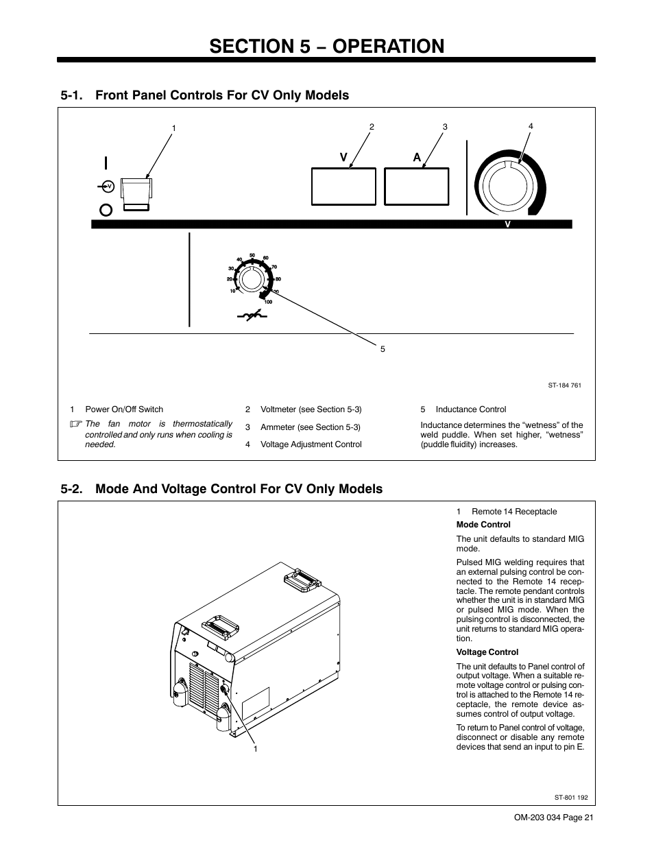 Section 5 − operation, 1. front panel controls for cv only models, 2. mode and voltage control for cv only models | Miller Electric INVISION 456P User Manual | Page 25 / 44