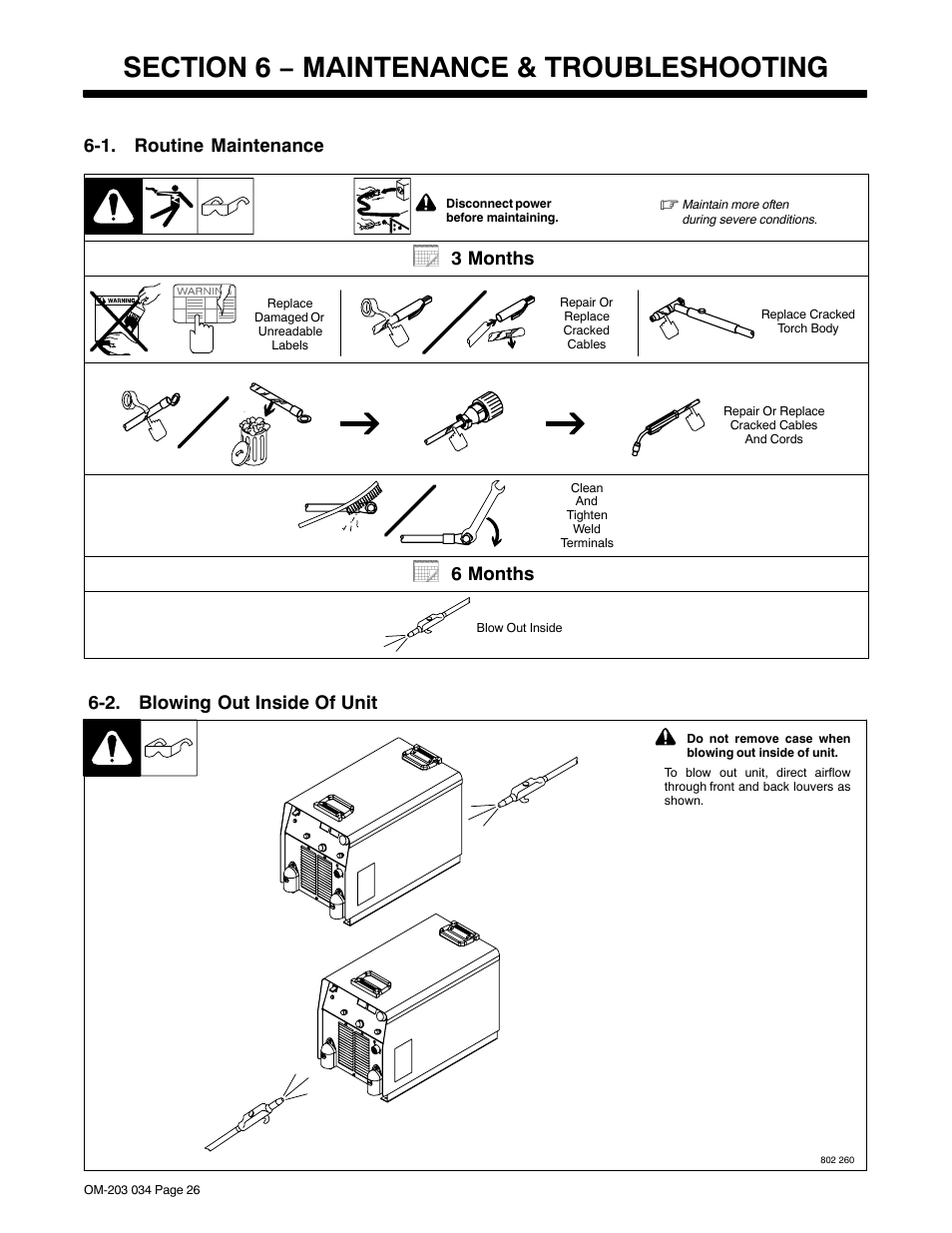 Section 6 − maintenance & troubleshooting, 1. routine maintenance, 2. blowing out inside of unit | 3 months, 6 months | Miller Electric INVISION 456P User Manual | Page 30 / 44