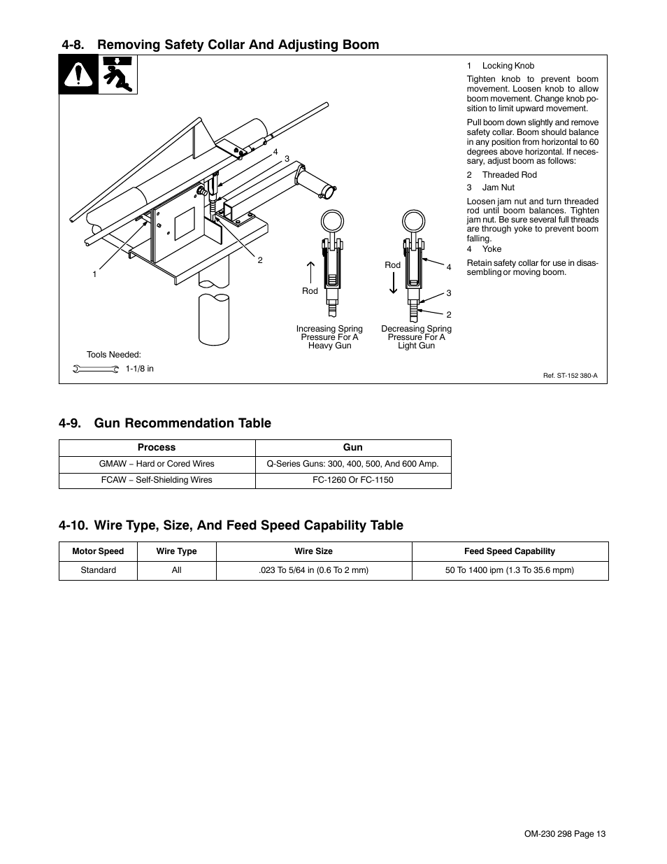 8. removing safety collar and adjusting boom, 9. gun recommendation table | Miller Electric SS-75S12 User Manual | Page 17 / 44