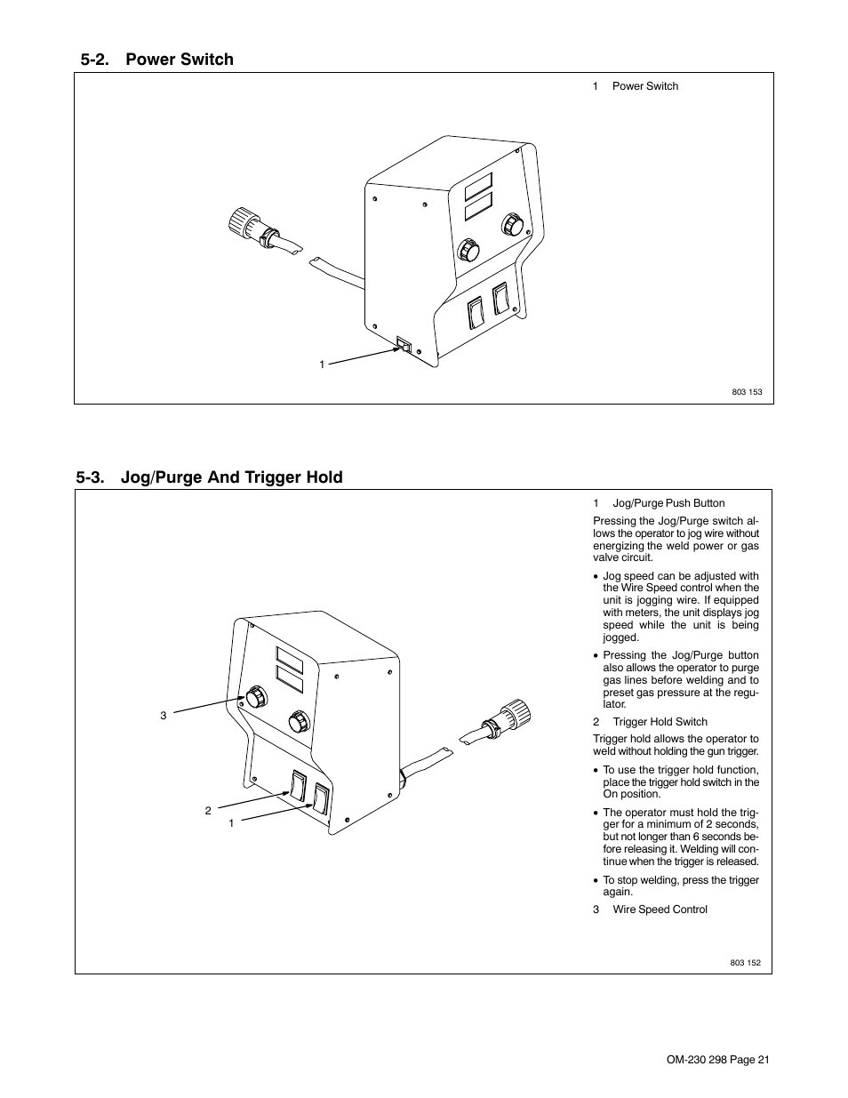 2. power switch, 3. jog/purge and trigger hold | Miller Electric SS-75S12 User Manual | Page 25 / 44
