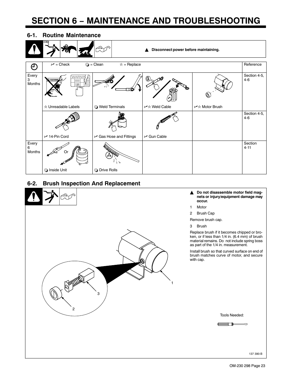 Section 6 − maintenance and troubleshooting, 1. routine maintenance, 2. brush inspection and replacement | Miller Electric SS-75S12 User Manual | Page 27 / 44