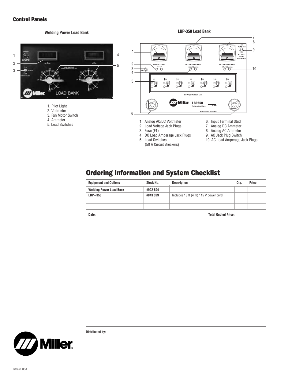 Ordering information and system checklist, Control panels | Miller Electric Load Bank LBP-350 User Manual | Page 2 / 2