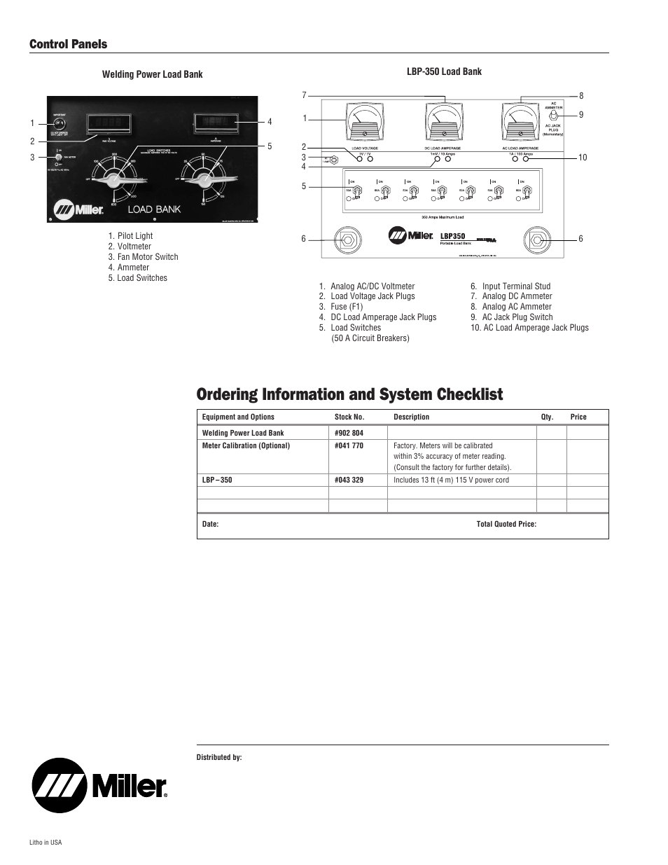 Ordering information and system checklist, Control panels | Miller Electric 750MPa User Manual | Page 2 / 2