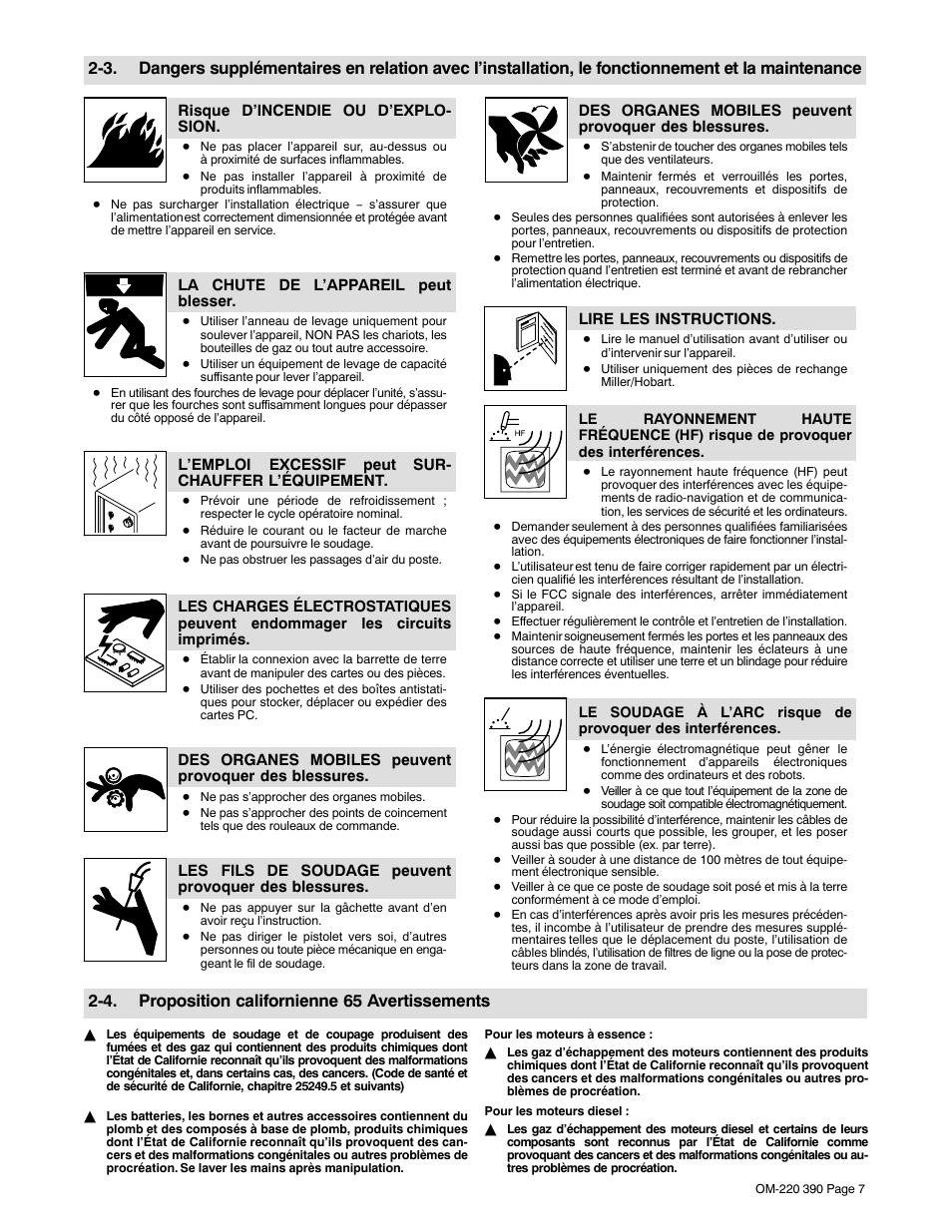 4. proposition californienne 65 avertissements | Miller Electric OM-220 390F User Manual | Page 11 / 48