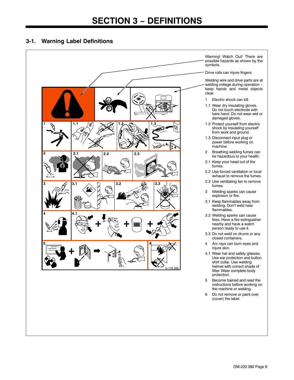 Section 3 − definitions, 1. warning label definitions | Miller Electric OM-220 390F User Manual | Page 13 / 48