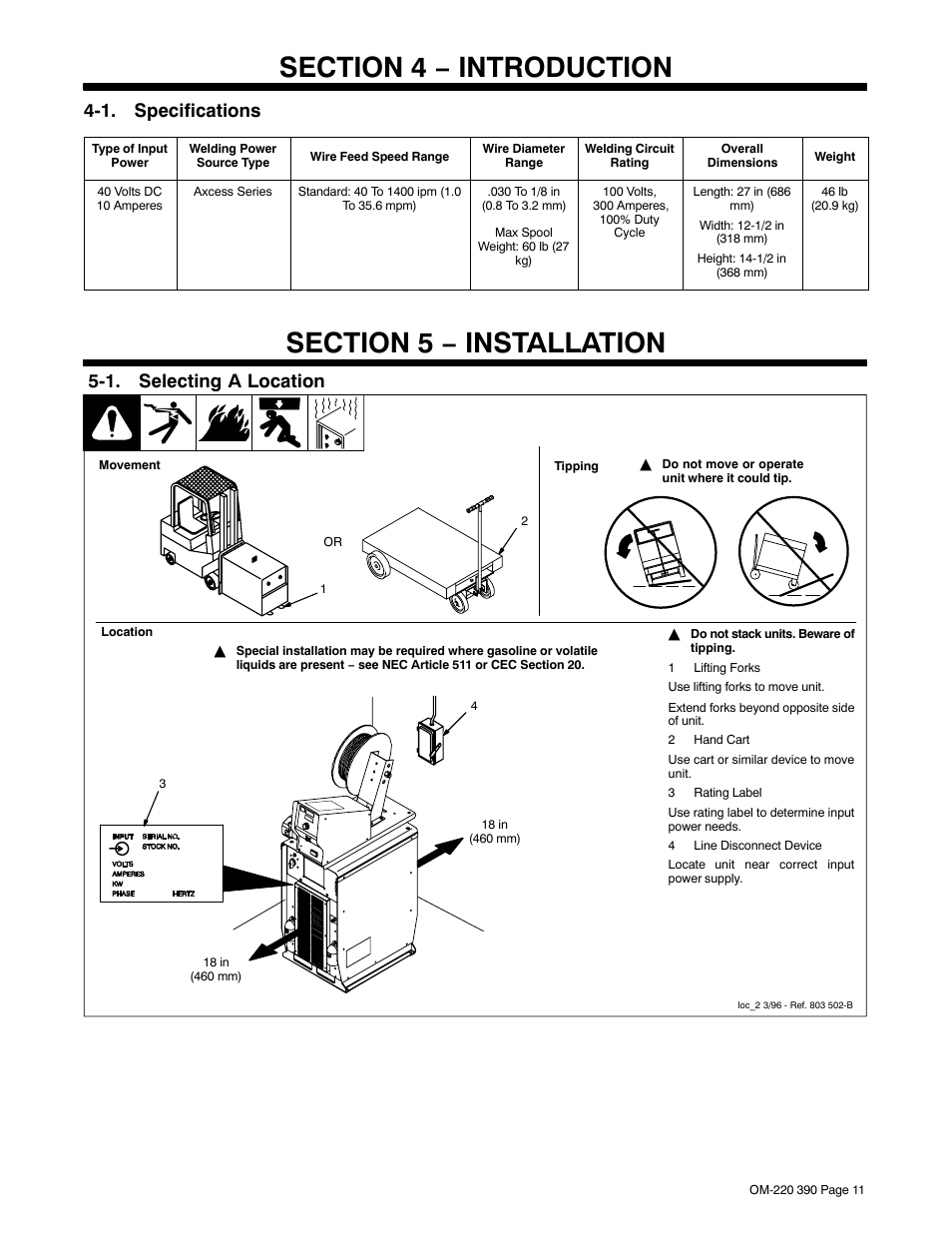 Section 4 − introduction, 1. specifications, Section 5 − installation | 1. selecting a location | Miller Electric OM-220 390F User Manual | Page 15 / 48