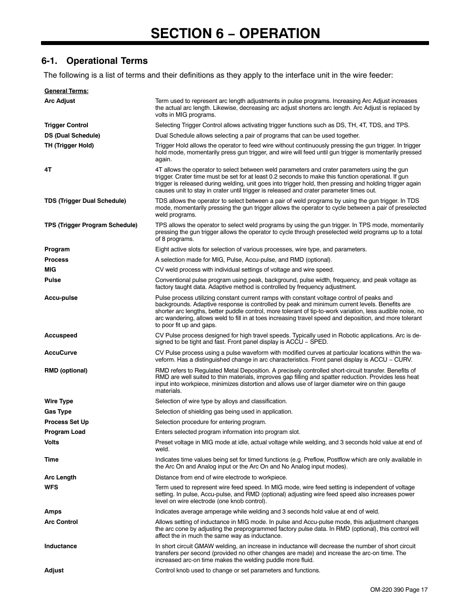 Section 6 − operation, 1. operational terms | Miller Electric OM-220 390F User Manual | Page 21 / 48