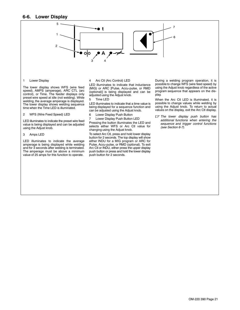 6. lower display, Section 6-6 | Miller Electric OM-220 390F User Manual | Page 25 / 48