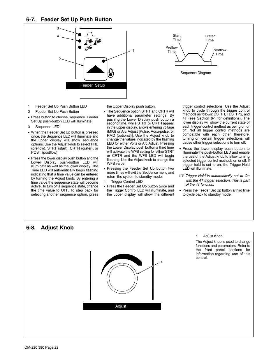 7. feeder set up push button, 8. adjust knob, Section 6-8 | Section 6-7 | Miller Electric OM-220 390F User Manual | Page 26 / 48