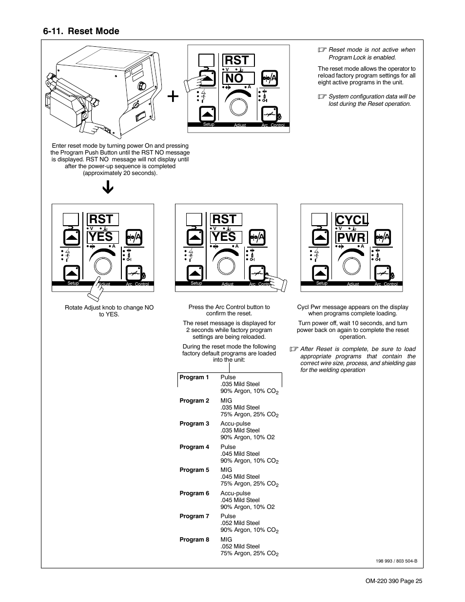 11. reset mode, Rst no, Rst yes | Cycl pwr | Miller Electric OM-220 390F User Manual | Page 29 / 48