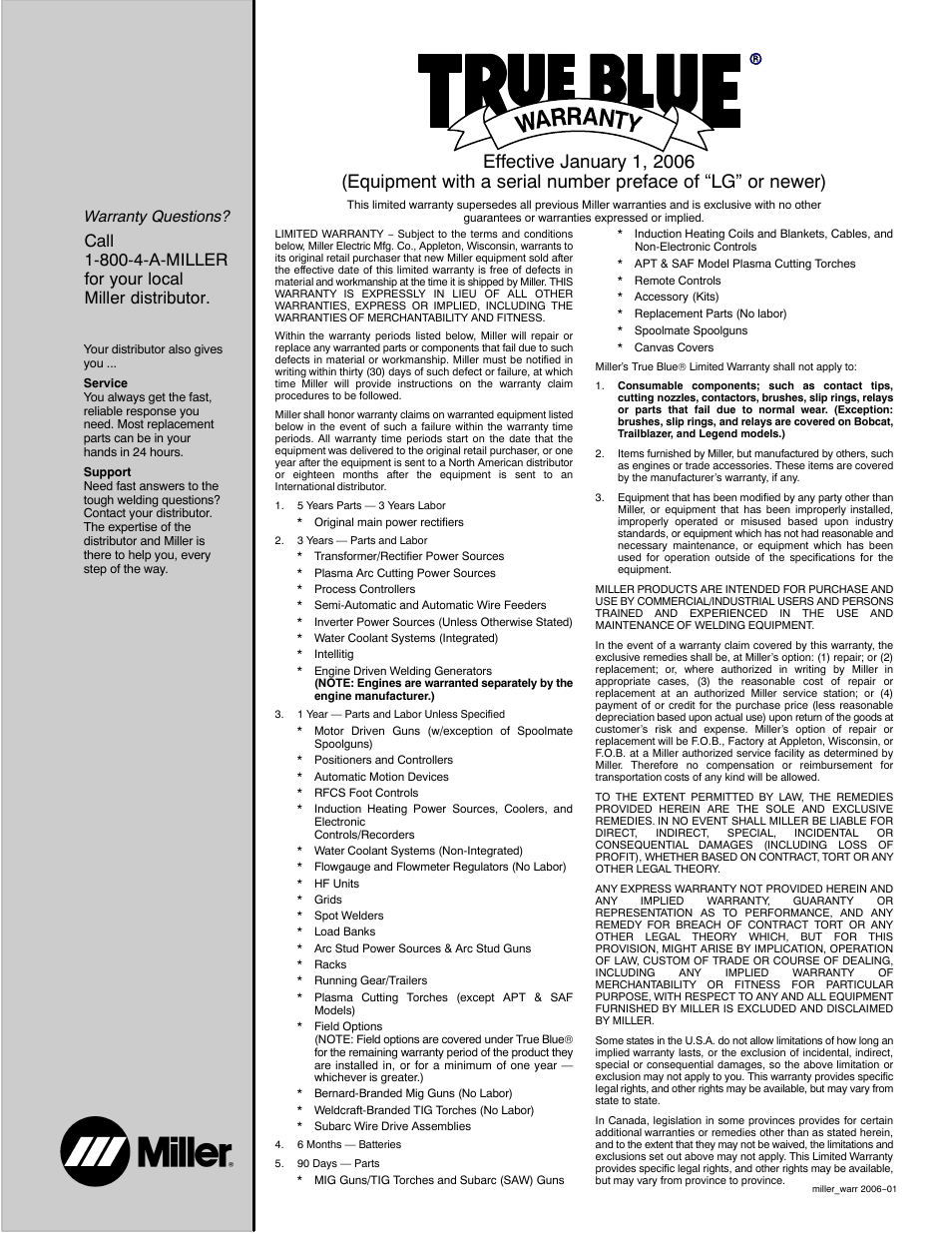 Warranty questions | Miller Electric OM-220 390F User Manual | Page 47 / 48