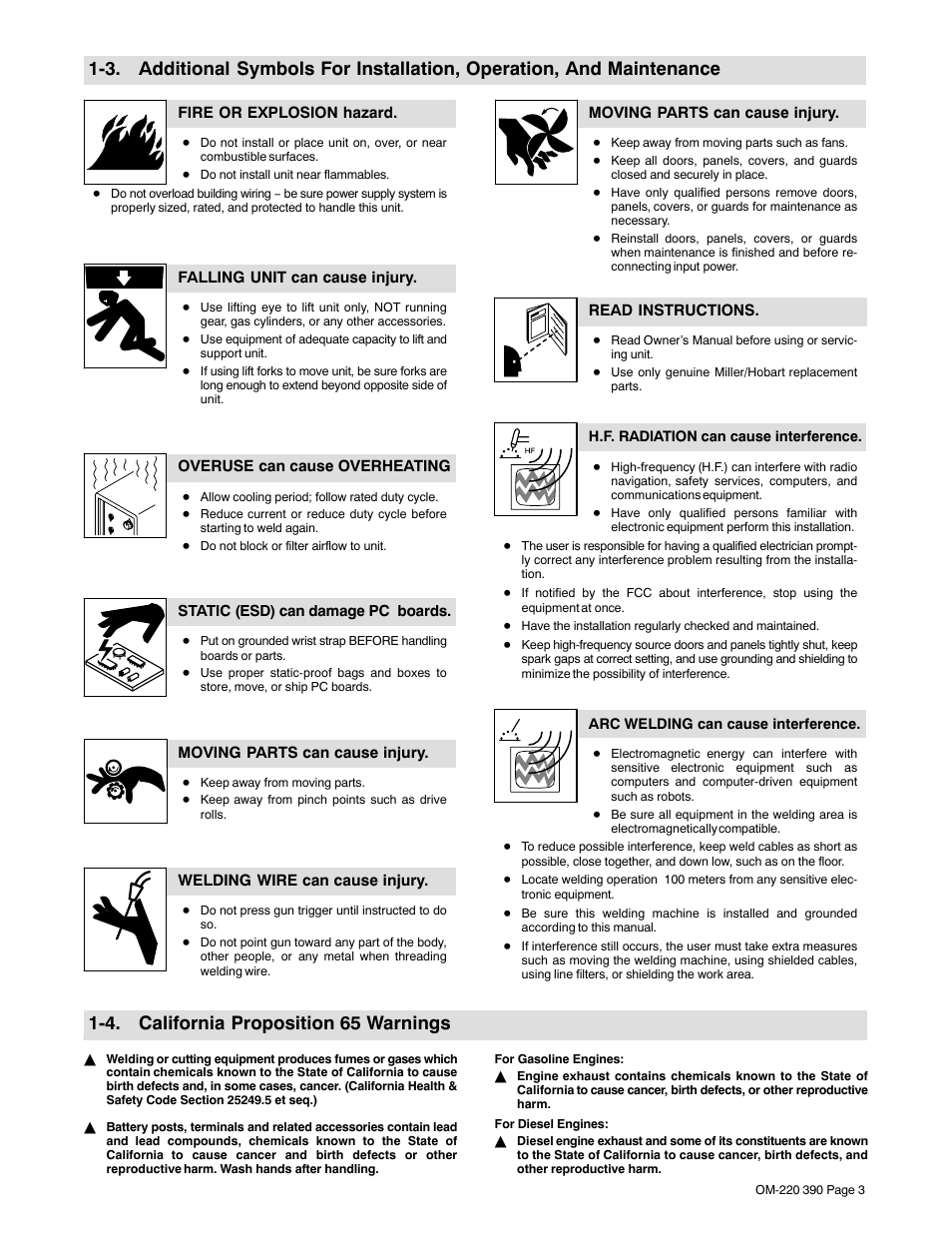 4. california proposition 65 warnings | Miller Electric OM-220 390F User Manual | Page 7 / 48