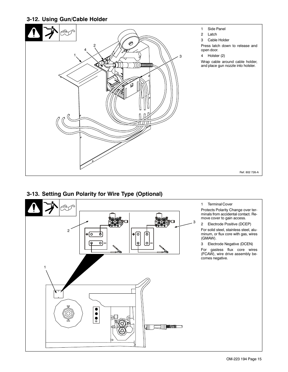 12. using gun/cable holder, 13. setting gun polarity for wire type (optional) | Miller Electric 383 User Manual | Page 19 / 48