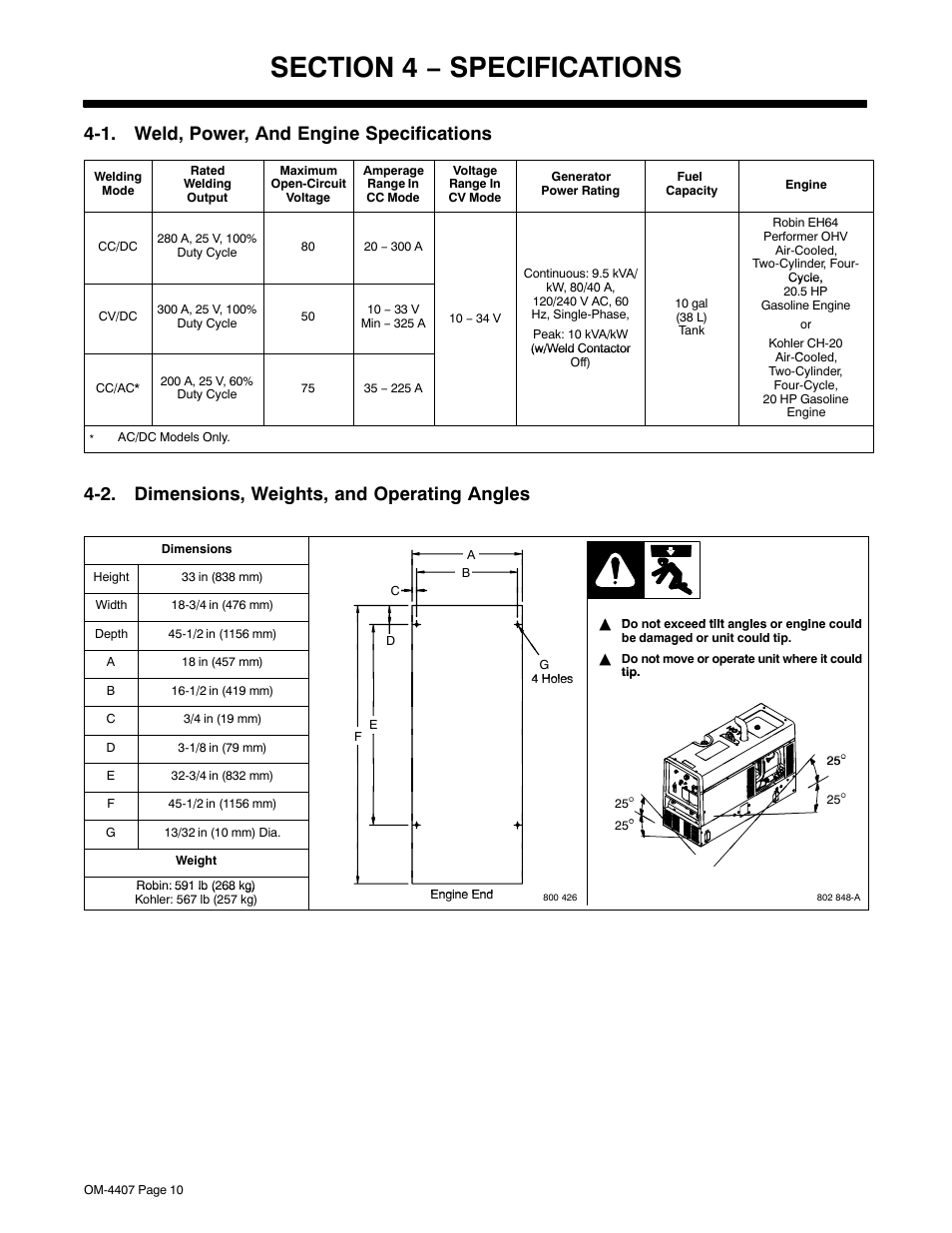 Section 4 − specifications, 1. weld, power, and engine specifications, 2. dimensions, weights, and operating angles | Miller Electric Trailblazer DC User Manual | Page 14 / 72