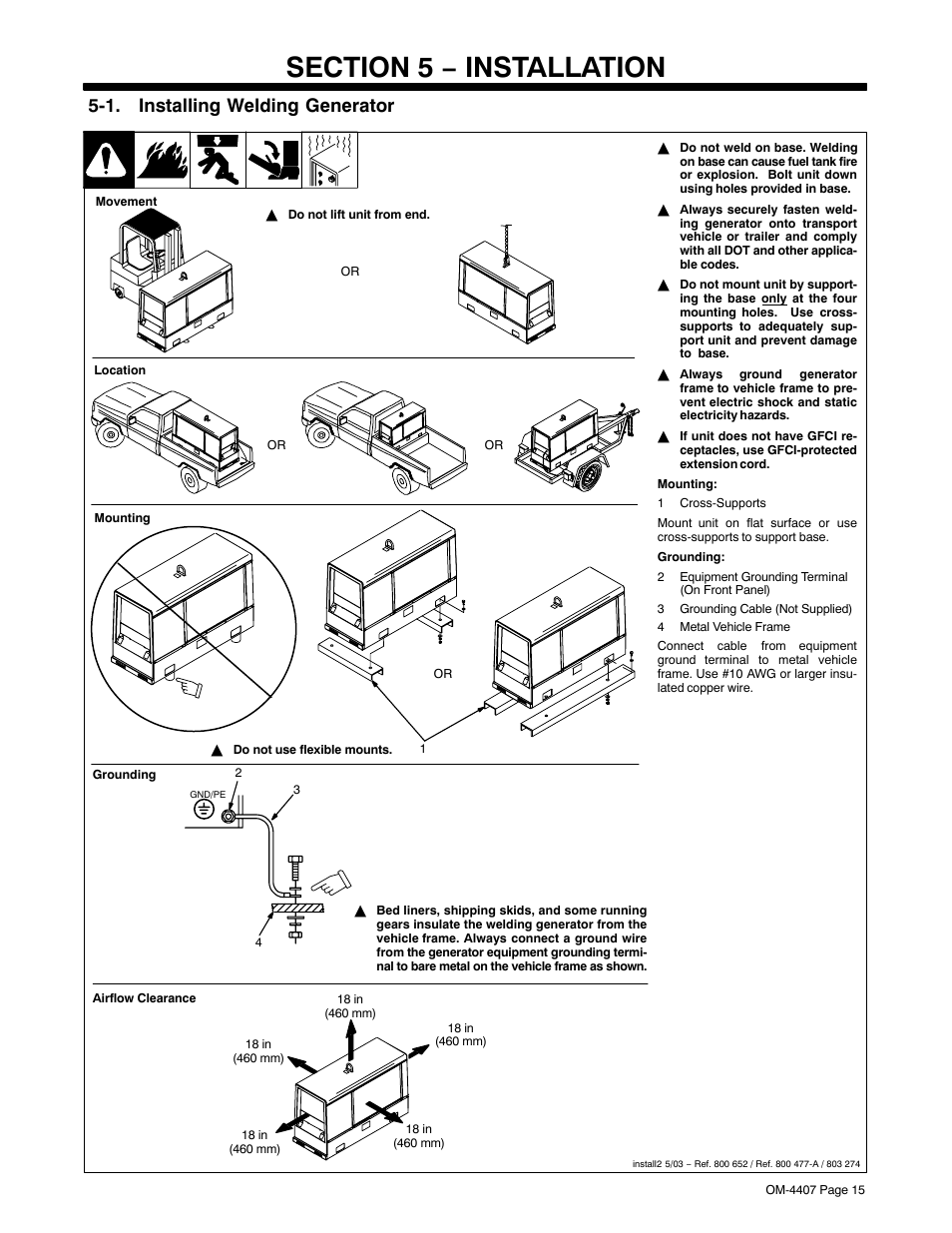 Section 5 − installation, 1. installing welding generator | Miller Electric Trailblazer DC User Manual | Page 19 / 72