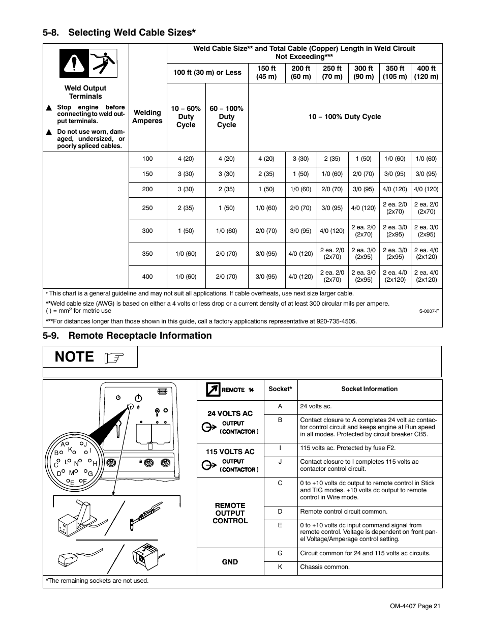 8. selecting weld cable sizes, 9. remote receptacle information | Miller Electric Trailblazer DC User Manual | Page 25 / 72