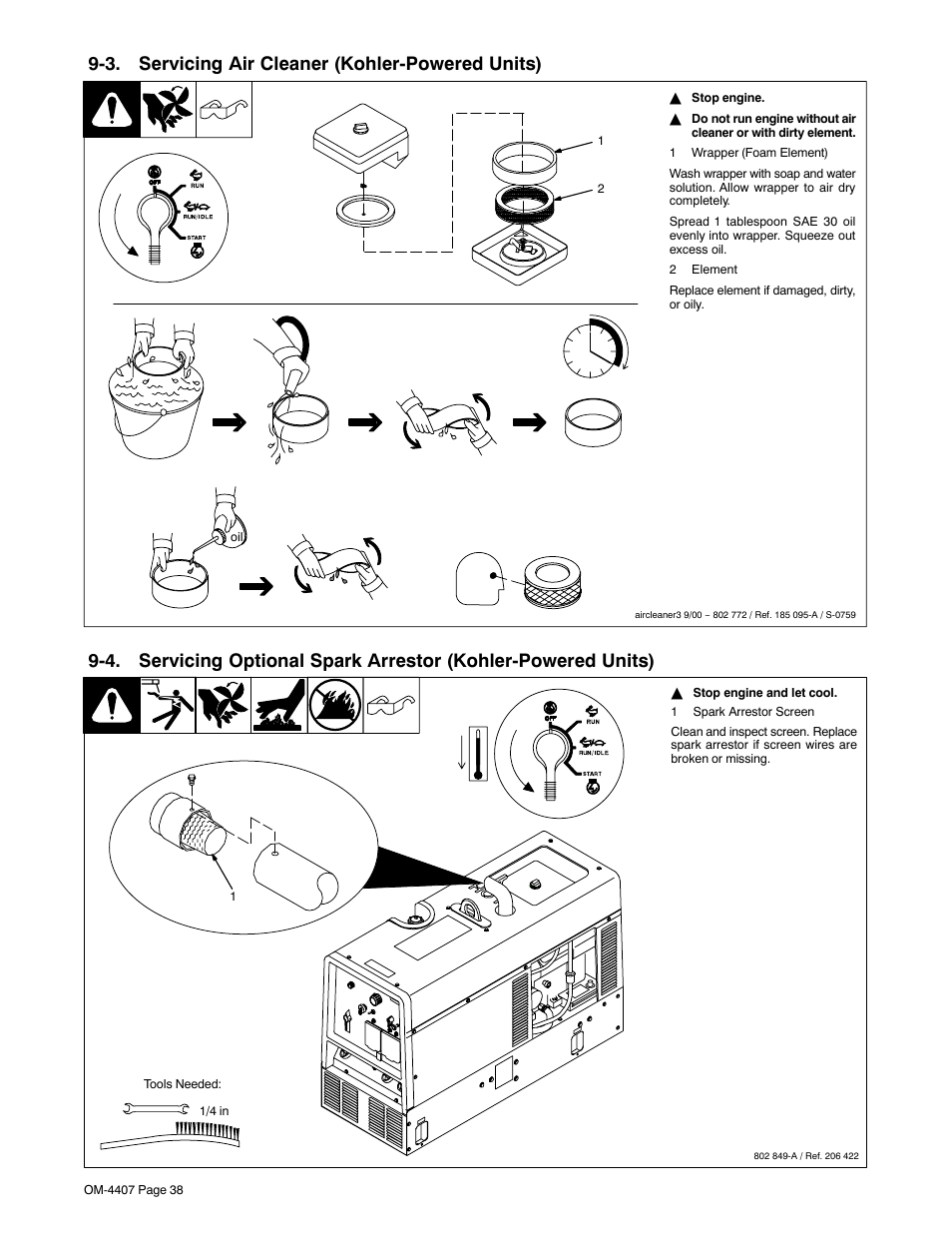 3. servicing air cleaner (kohler-powered units), See section 9-4, Section 9-3 | Miller Electric Trailblazer DC User Manual | Page 42 / 72