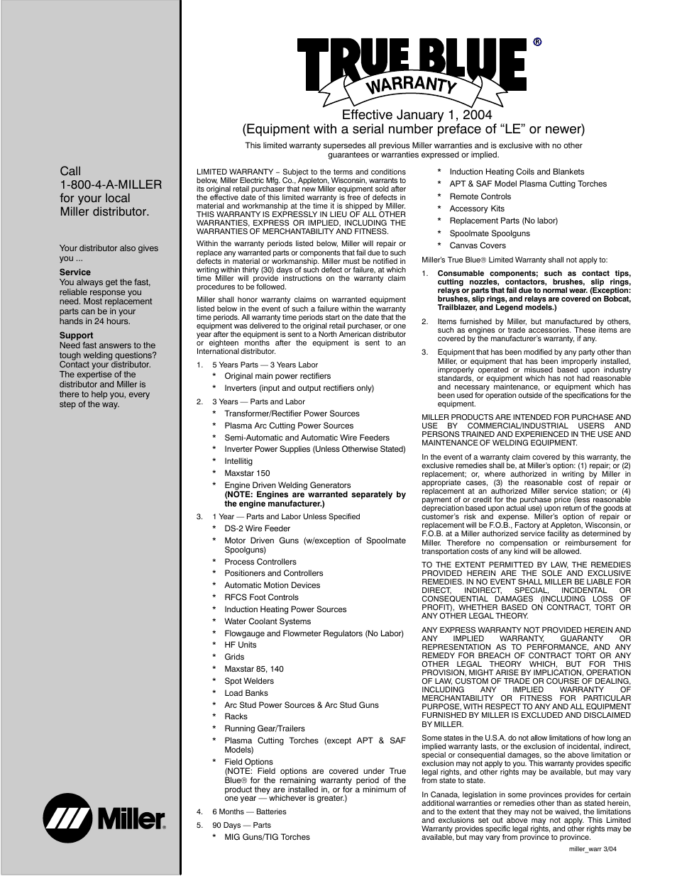 Warranty questions | Miller Electric Trailblazer DC User Manual | Page 71 / 72