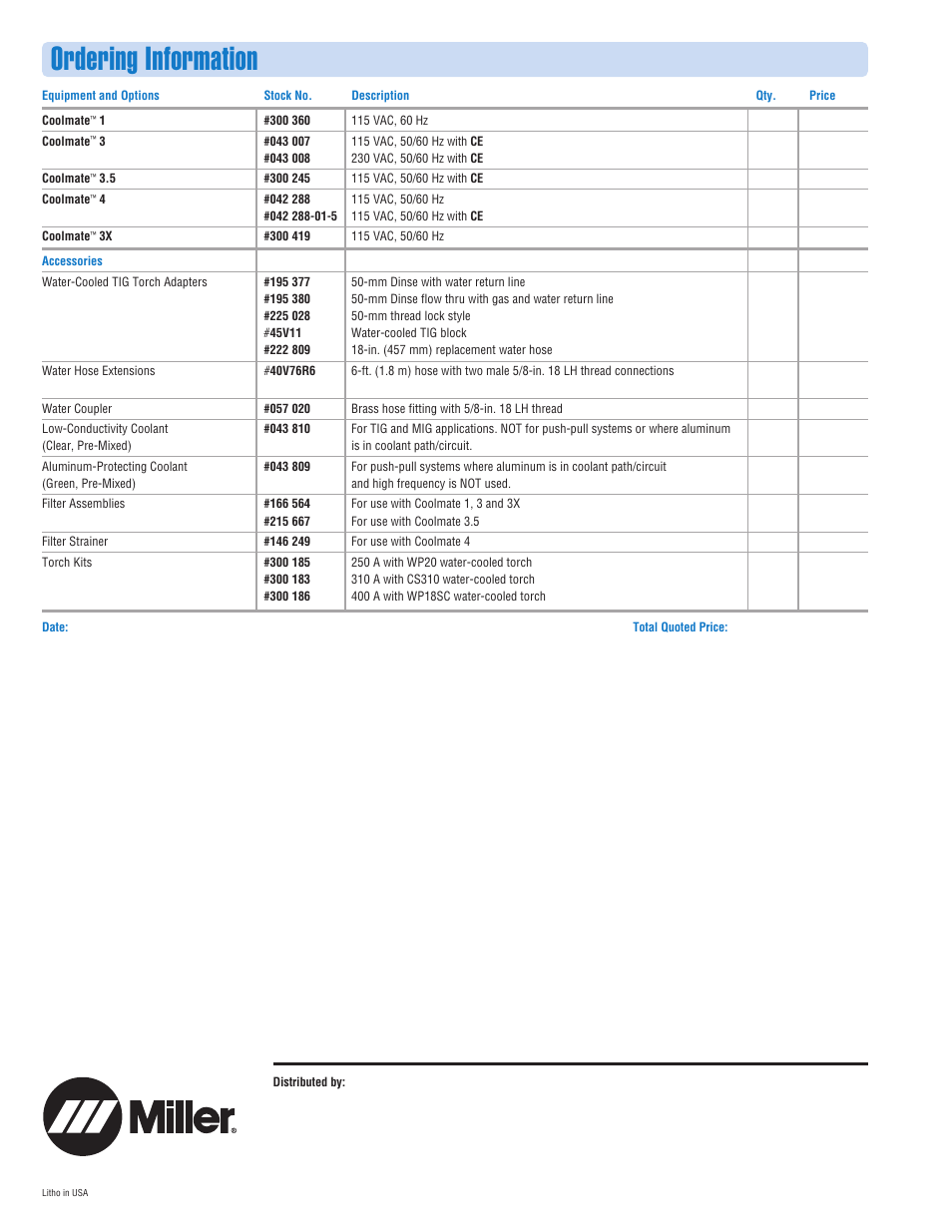 Ordering information | Miller Electric Coolmate 4 User Manual | Page 8 / 8