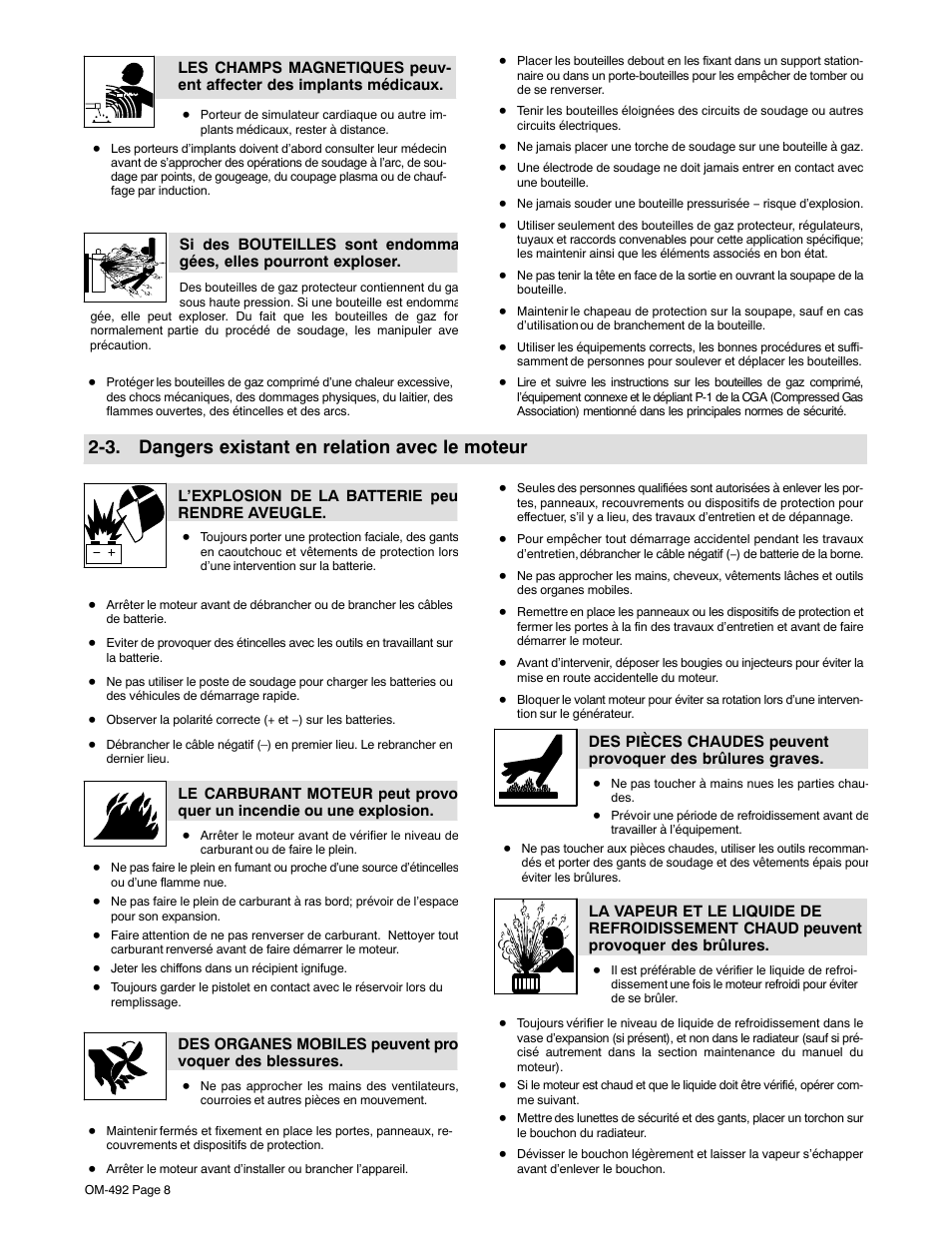 3. dangers existant en relation avec le moteur | Miller Electric PipePro 304 User Manual | Page 12 / 76