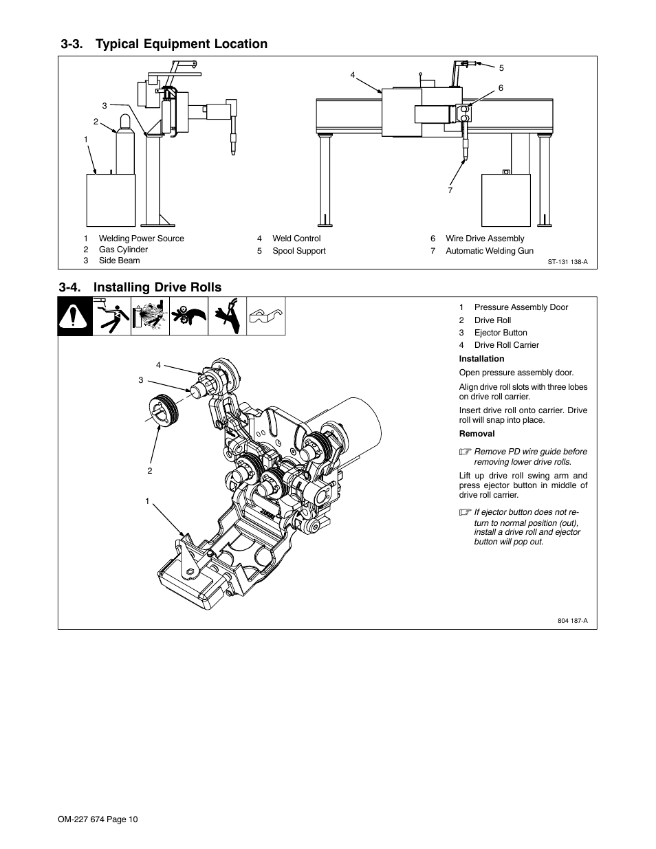 3. typical equipment location, 4. installing drive rolls | Miller Electric AA40GBU User Manual | Page 14 / 28