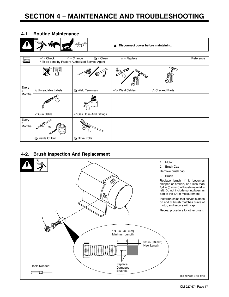 Section 4 − maintenance and troubleshooting, 1. routine maintenance, 2. brush inspection and replacement | Miller Electric AA40GBU User Manual | Page 21 / 28