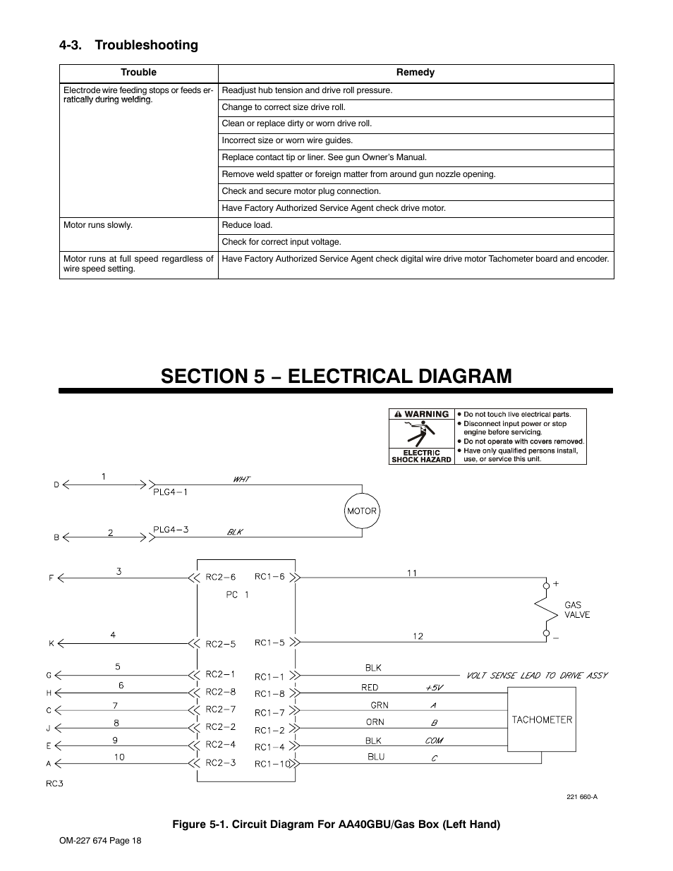 3. troubleshooting, Section 5 − electrical diagram | Miller Electric AA40GBU User Manual | Page 22 / 28