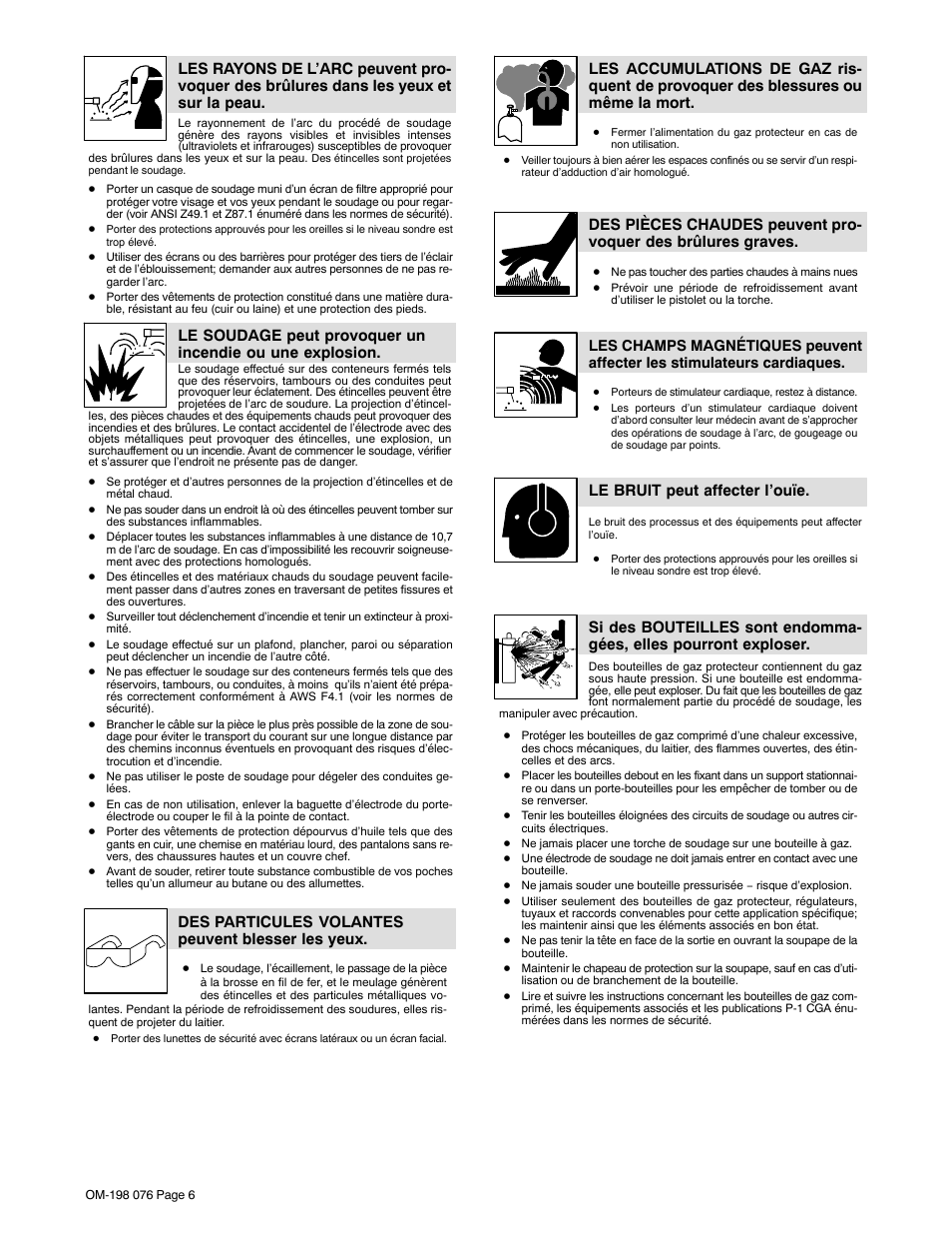 Des particules volantes peuvent blesser les yeux, Le bruit peut affecter l’ouïe | Miller Electric XLT 135 User Manual | Page 10 / 48