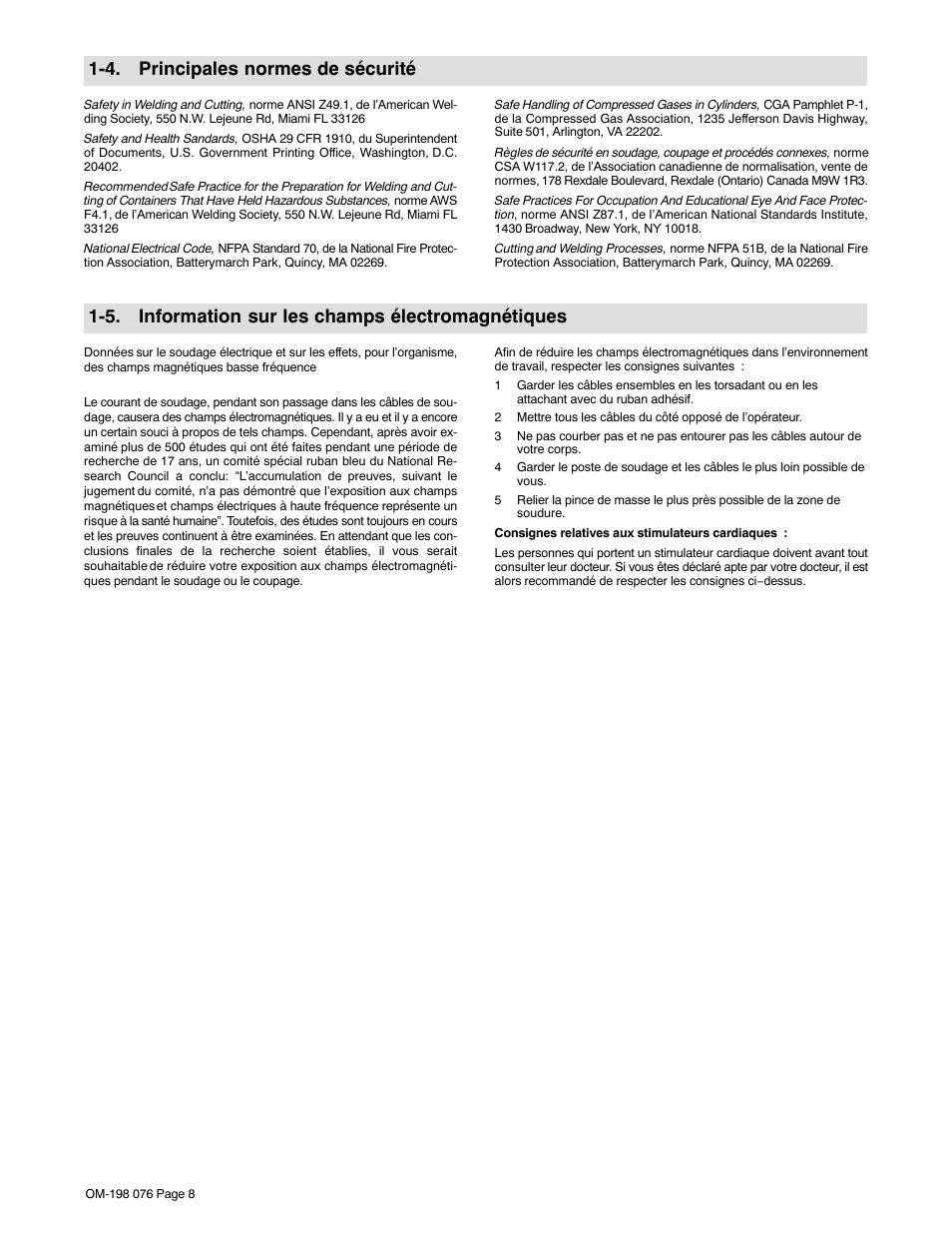 4. principales normes de sécurité, 5. information sur les champs électromagnétiques | Miller Electric XLT 135 User Manual | Page 12 / 48