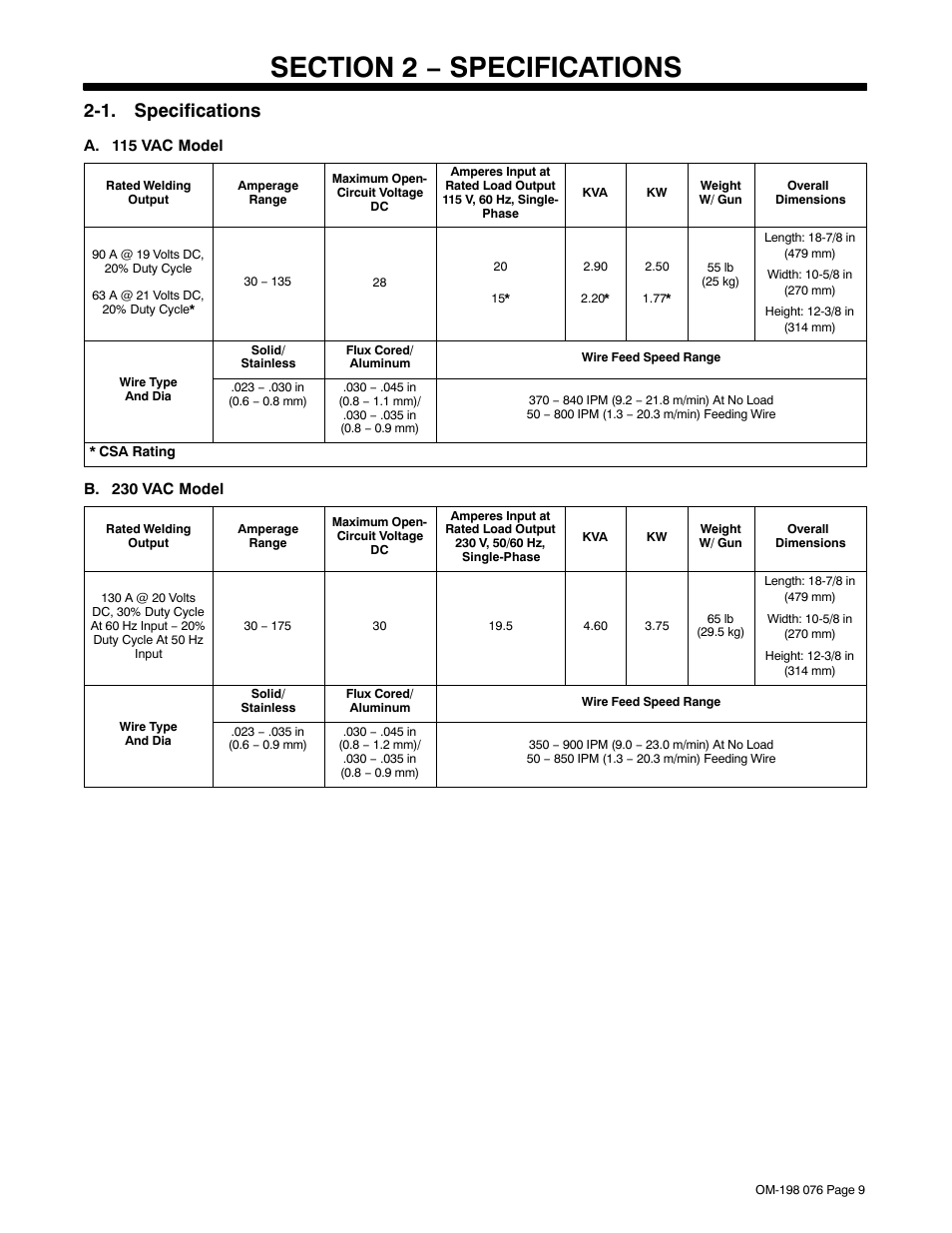 1. specifications | Miller Electric XLT 135 User Manual | Page 13 / 48