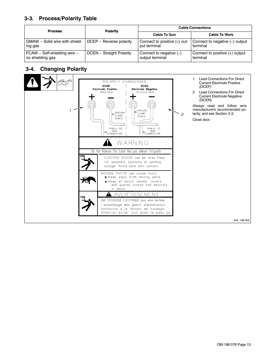 3. process/polarity table, 4. changing polarity | Miller Electric XLT 135 User Manual | Page 17 / 48