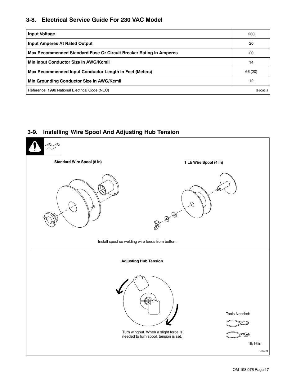 8. electrical service guide for 230 vac model, 9. installing wire spool and adjusting hub tension | Miller Electric XLT 135 User Manual | Page 21 / 48