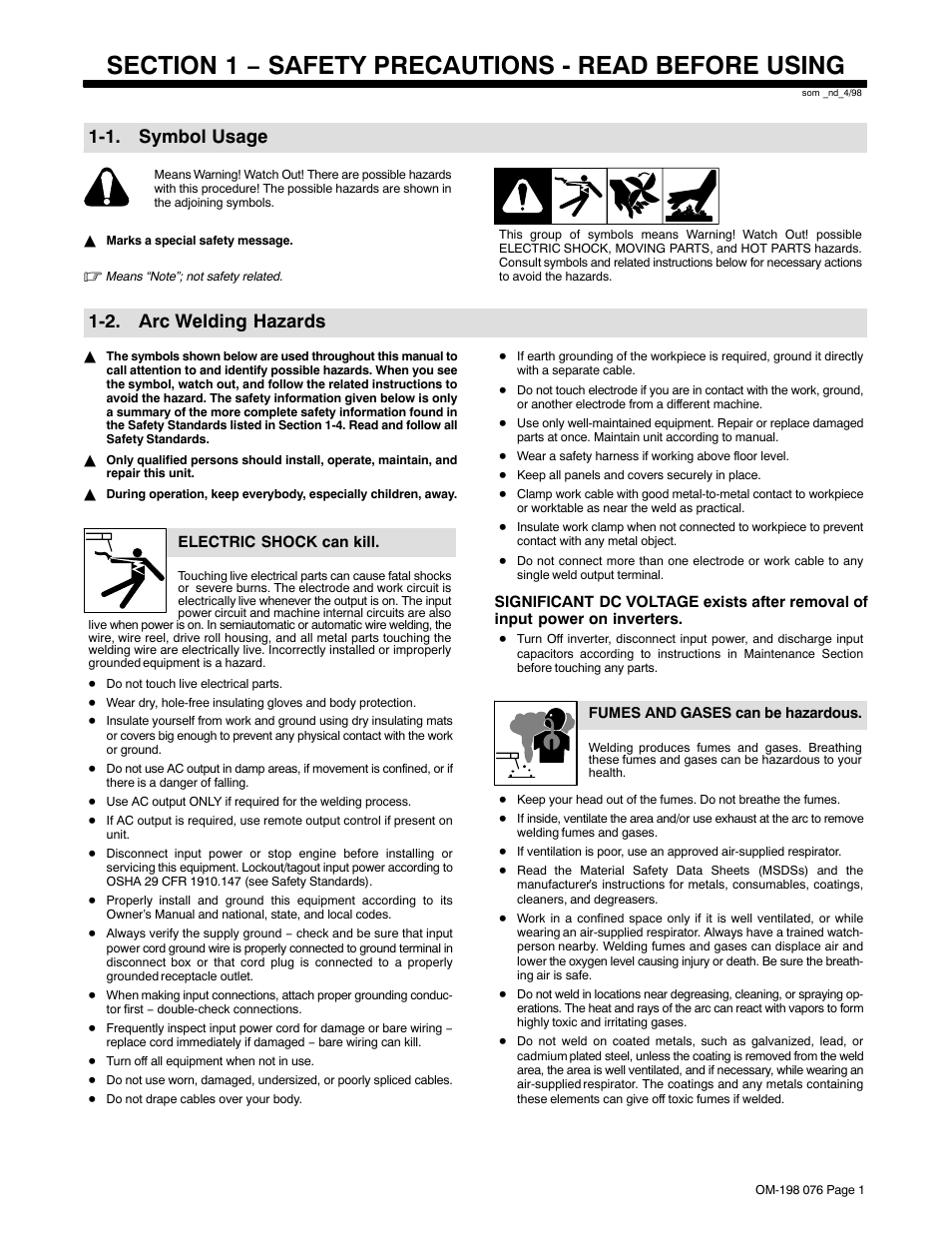 1. symbol usage, 2. arc welding hazards | Miller Electric XLT 135 User Manual | Page 5 / 48