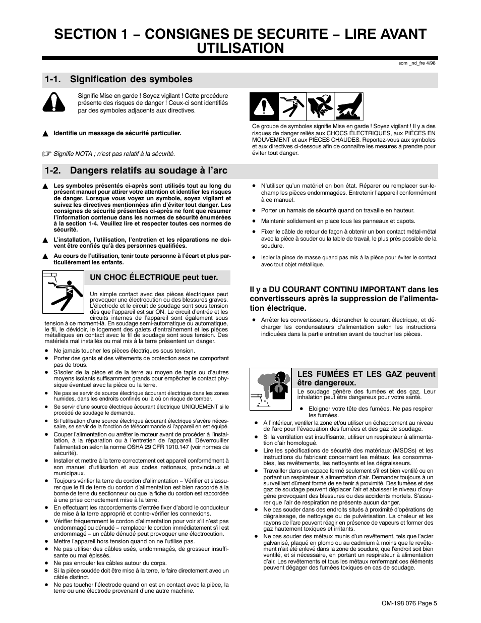 1. signification des symboles, 2. dangers relatifs au soudage à l’arc | Miller Electric XLT 135 User Manual | Page 9 / 48