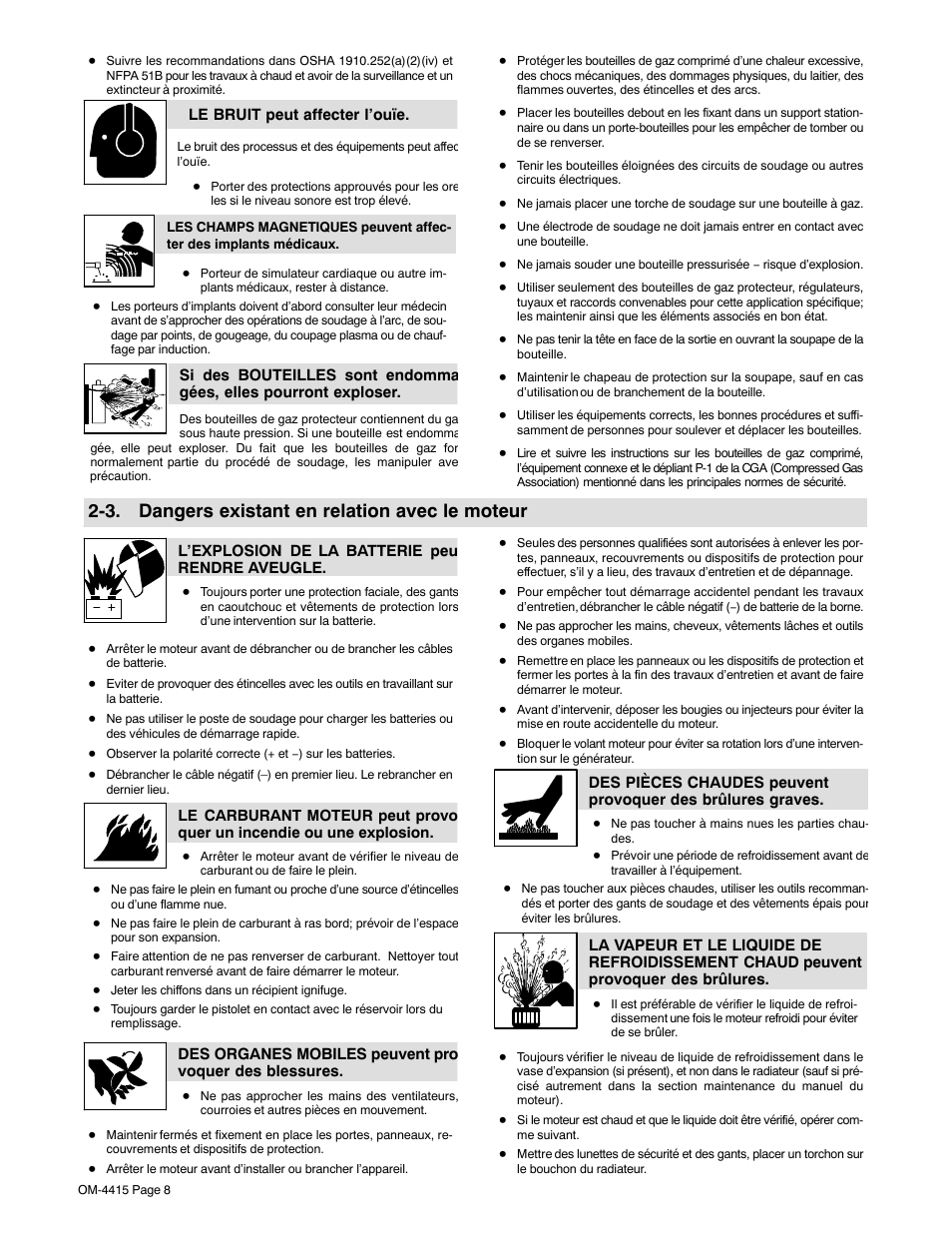 3. dangers existant en relation avec le moteur | Miller Electric 185 User Manual | Page 12 / 56