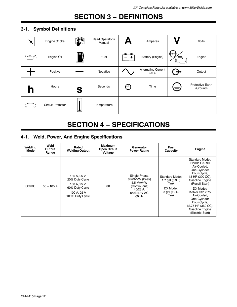 Section 3 − definitions, Section 4 − specifications, 1. weld, power, and engine specifications | 1. symbol definitions | Miller Electric 185 User Manual | Page 16 / 56