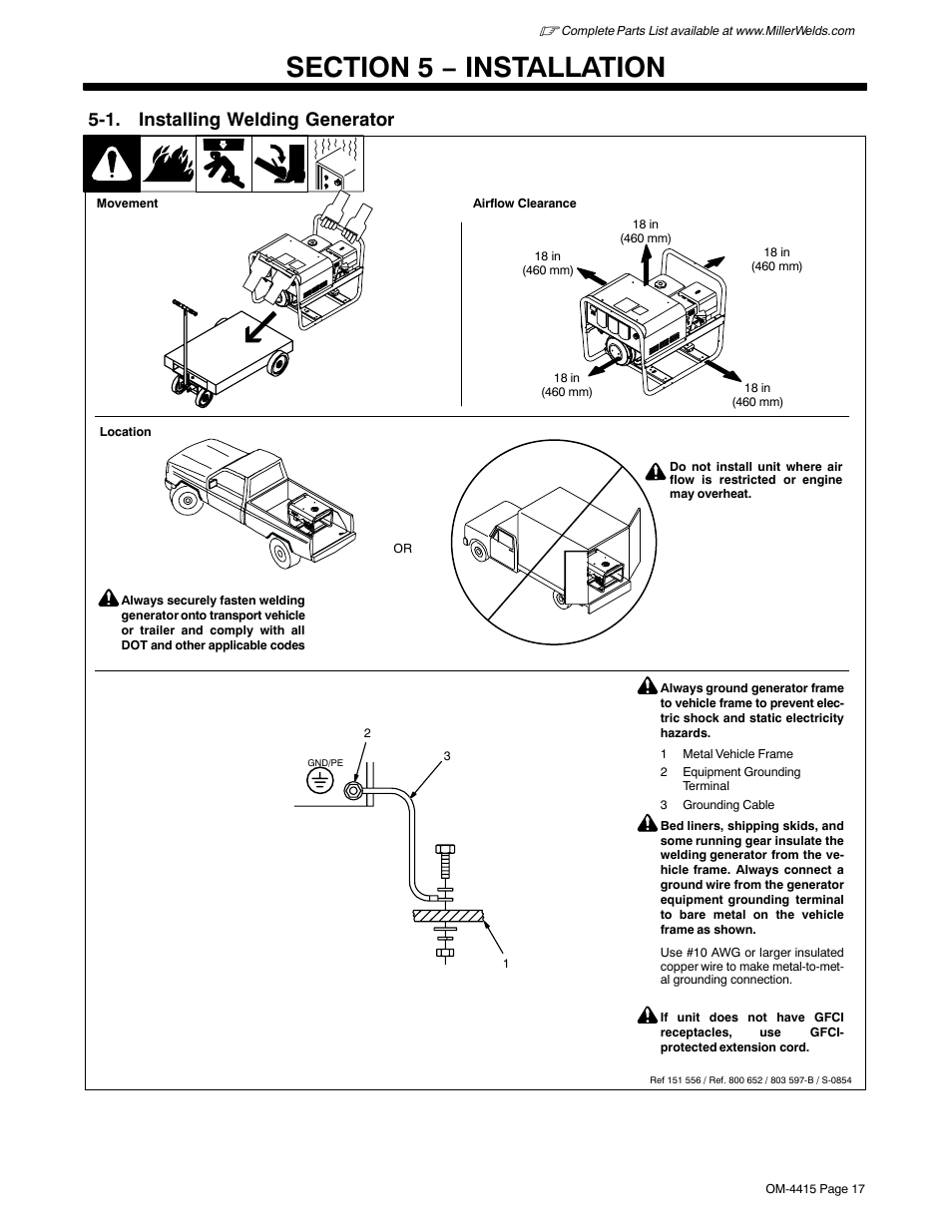 Section 5 − installation, 1. installing welding generator | Miller Electric 185 User Manual | Page 21 / 56