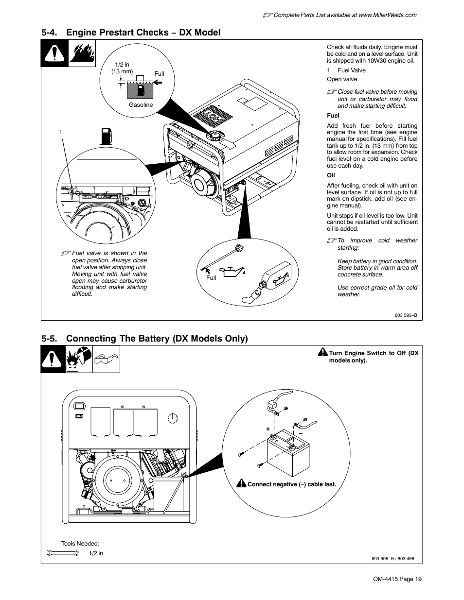 4. engine prestart checks − dx model, 5. connecting the battery (dx models only) | Miller Electric 185 User Manual | Page 23 / 56