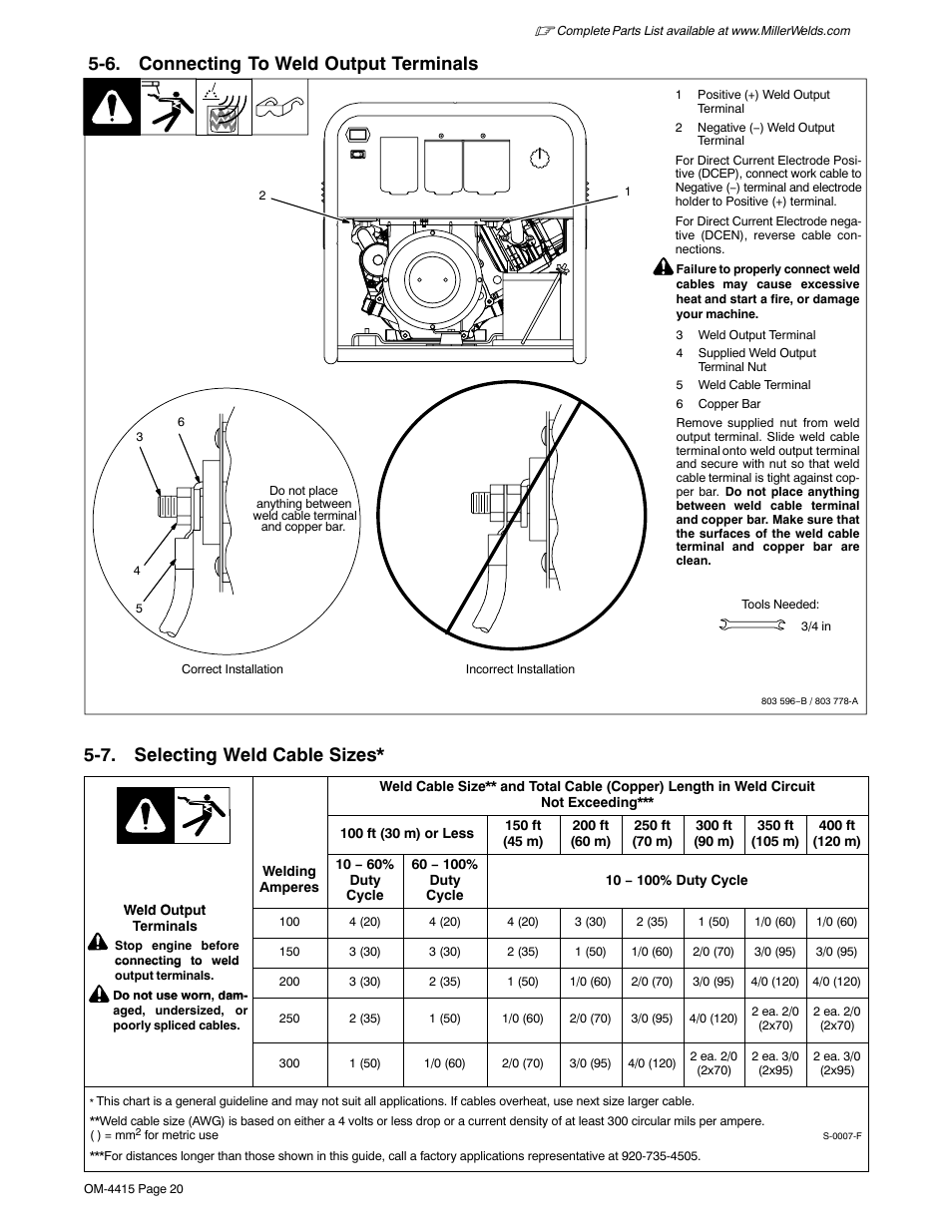 6. connecting to weld output terminals, 7. selecting weld cable sizes | Miller Electric 185 User Manual | Page 24 / 56