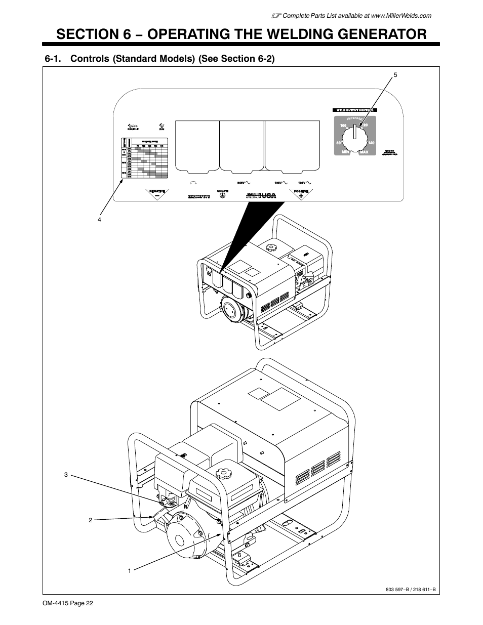 Section 6 − operating the welding generator, 1. controls (standard models) (see section 6-2) | Miller Electric 185 User Manual | Page 26 / 56